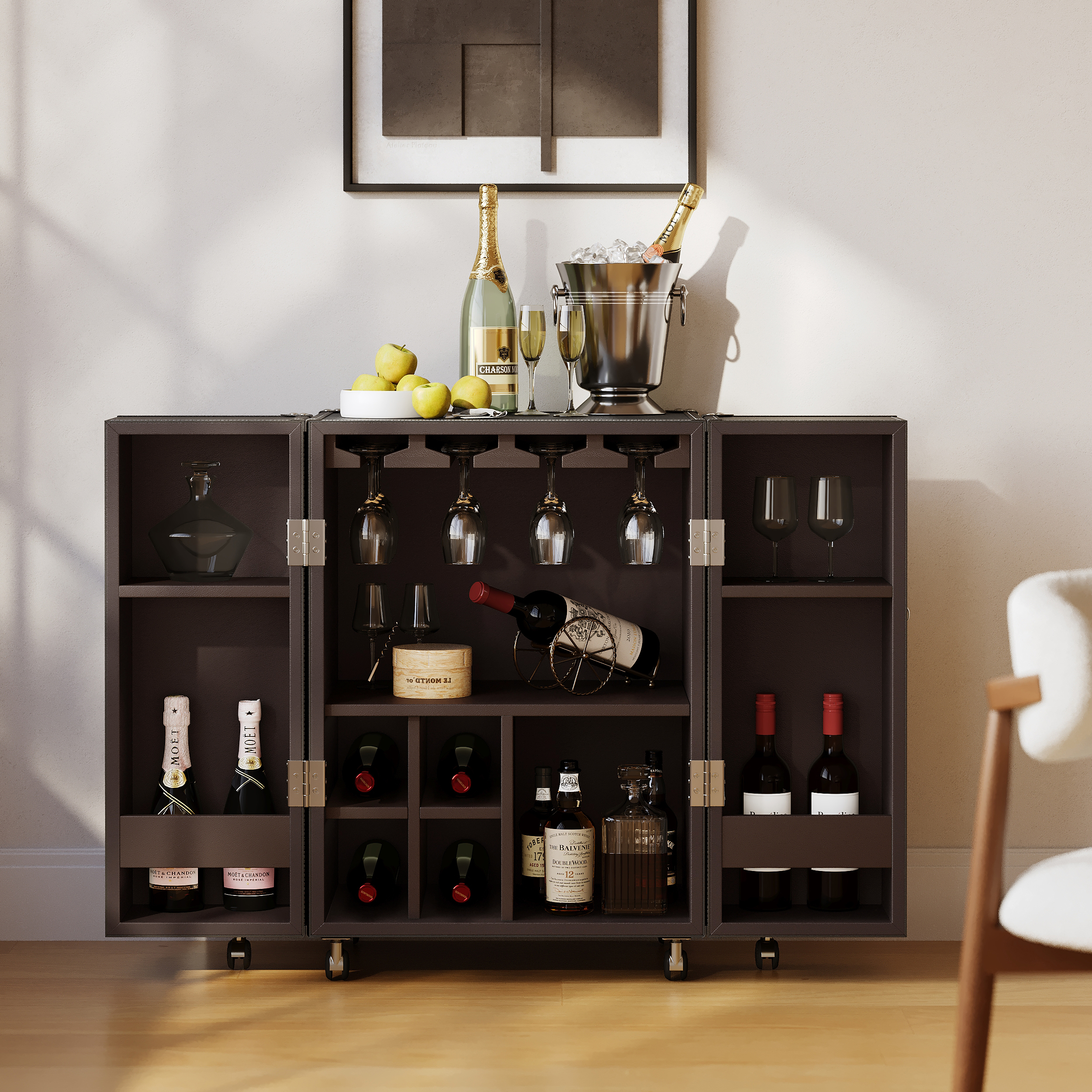 Saddle Leather Mobile Wine Cabinet with Glass Racks and Storage Doors