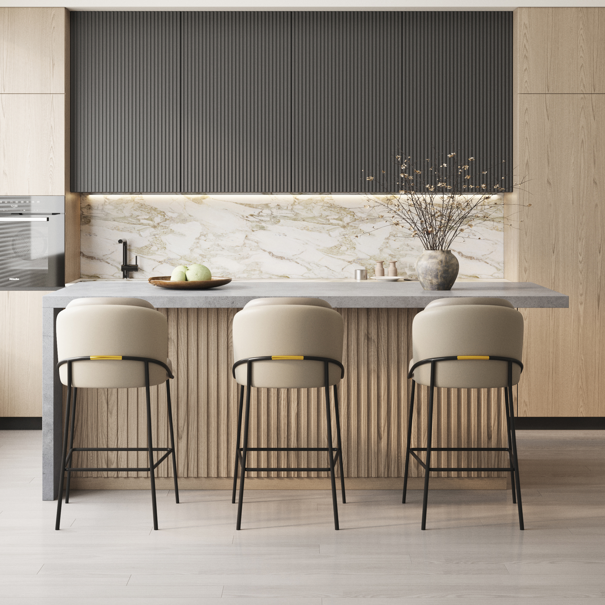 72" Kitchen Island Faux Marble Top with Storage Japandi Style