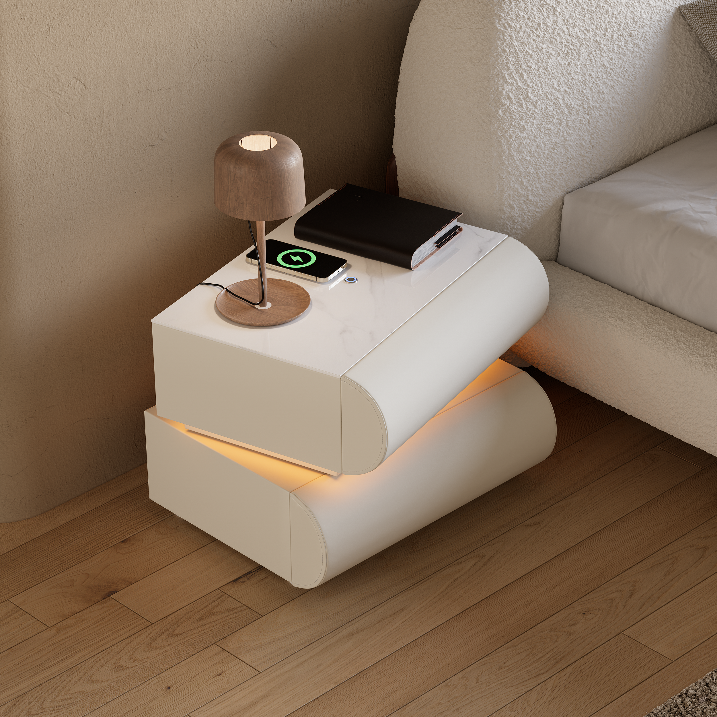 Moderner Smart-LED-Nachttisch aus weißem Leder mit kabellosem Ladegerät, 2 Schubladen, USB- und Typ-C-Anschlüssen-image-online-de-de-53760