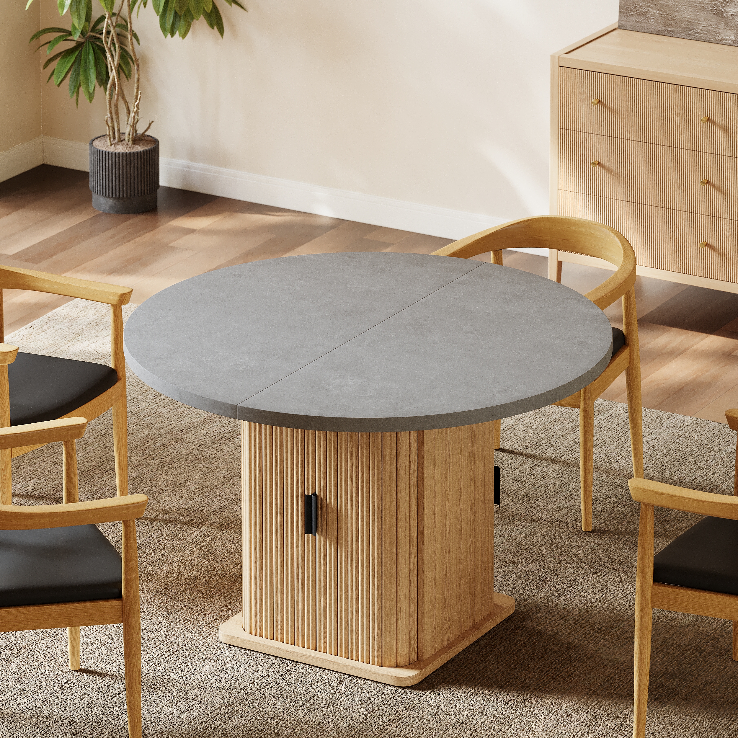 47"-63" Gray Extendable Dining Table with Fluted Base and Storage