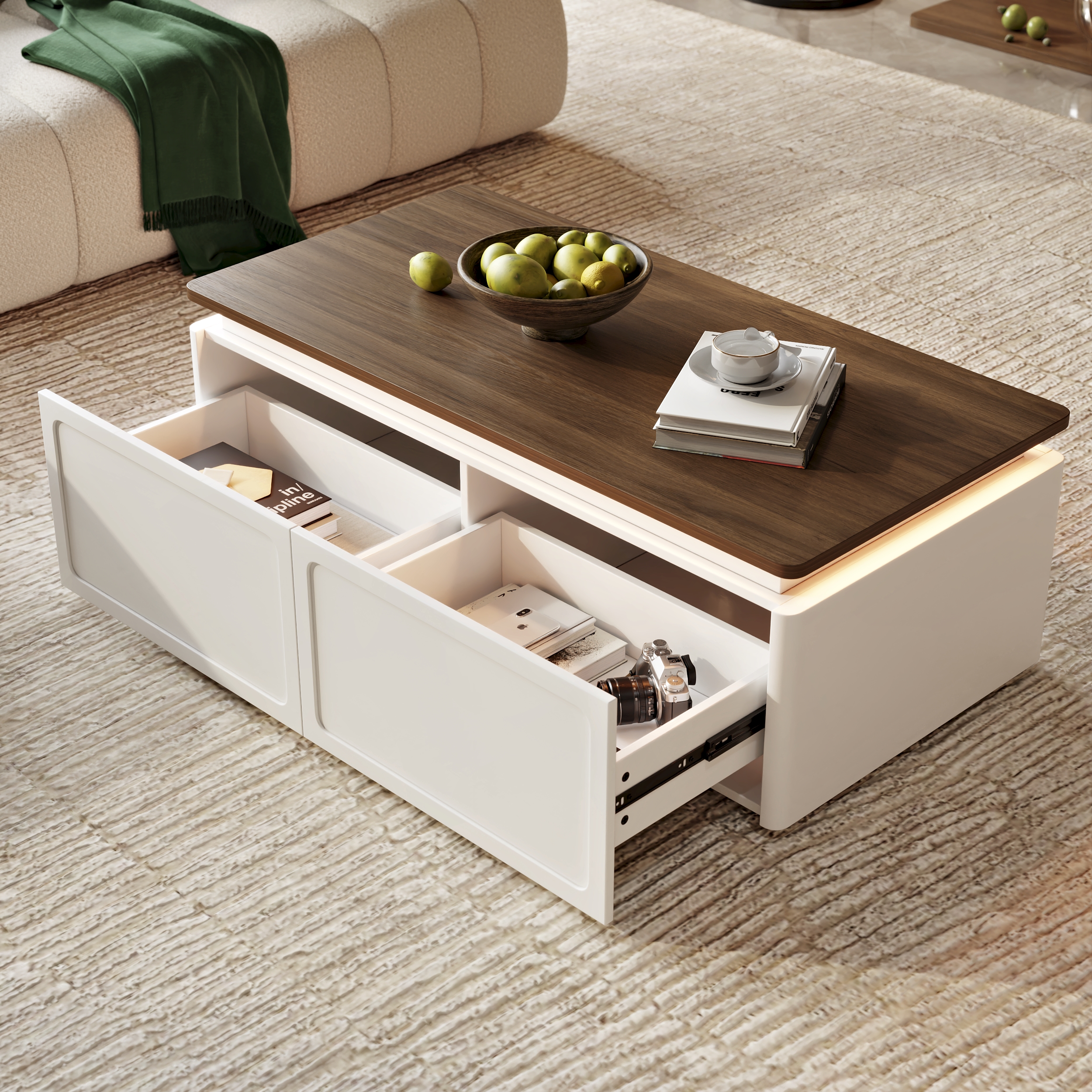 Ambra Coffee Table Modern Walnut & White Coffee Table with LED Light