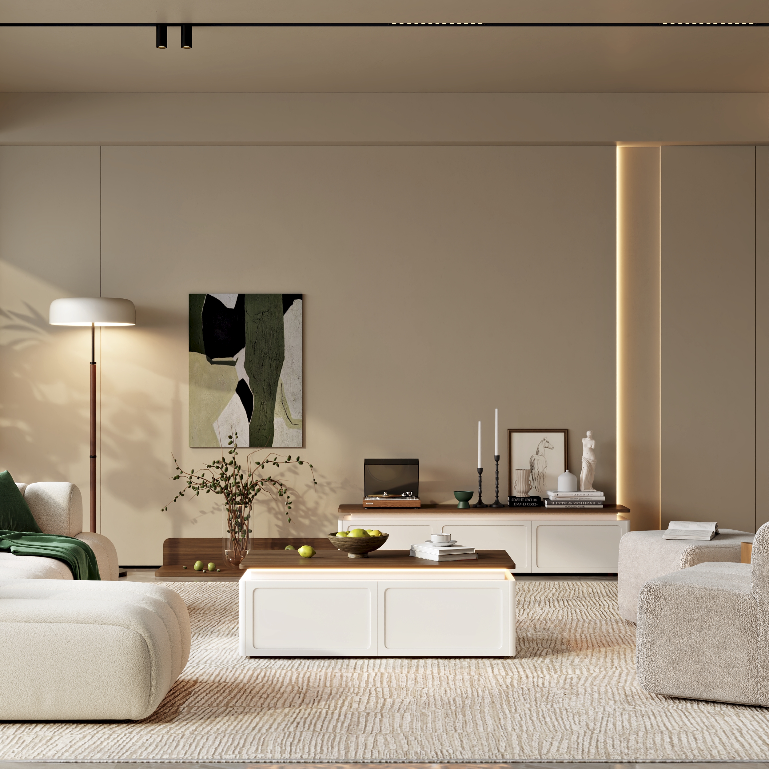 Ambra Modern TV Stand Retracted & Extendable 3-Drawer Light Media Console Walnut & White Coffee Table