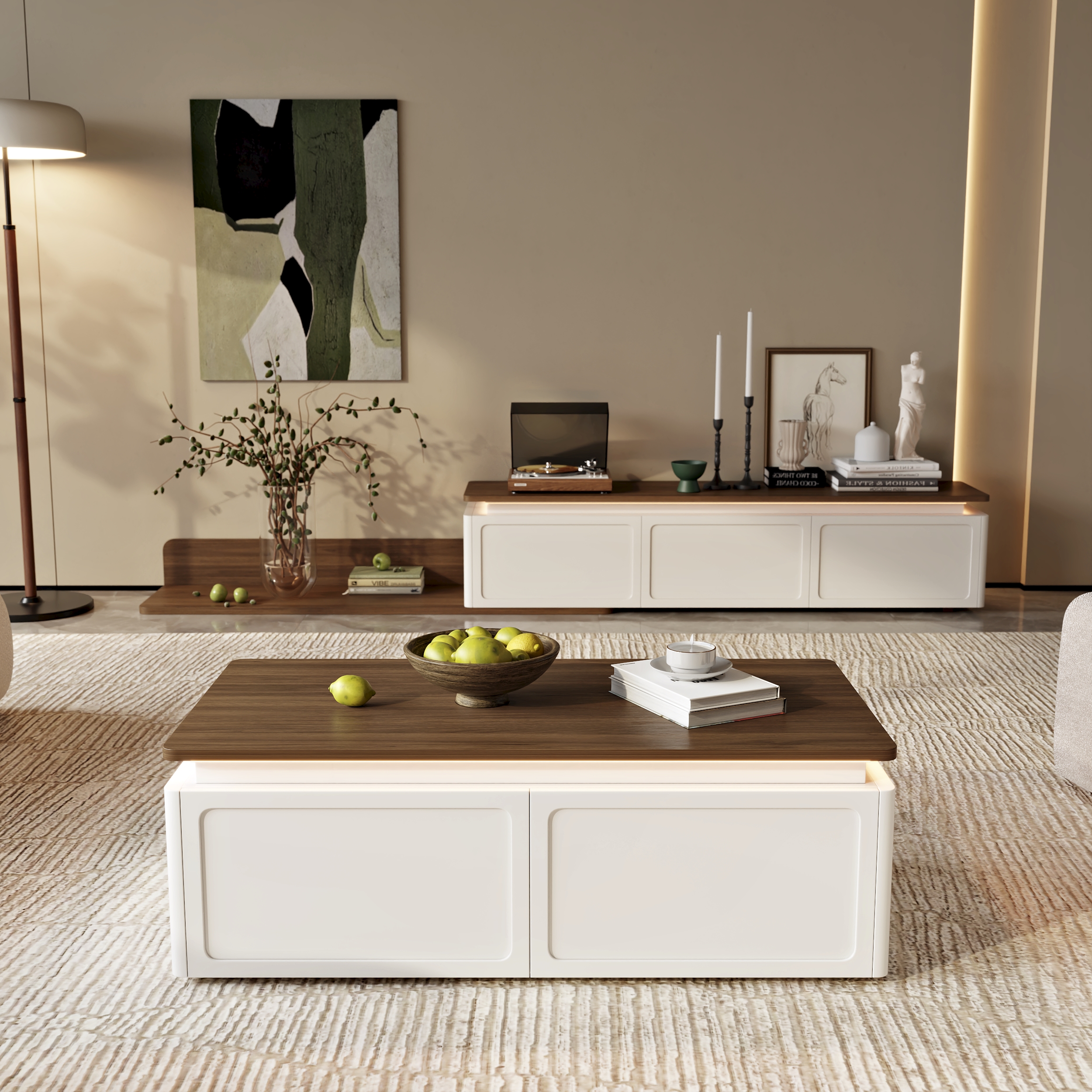 Ambra Modern TV Stand Retracted & Extendable 3-Drawer Light Media Console Walnut & White Coffee Table