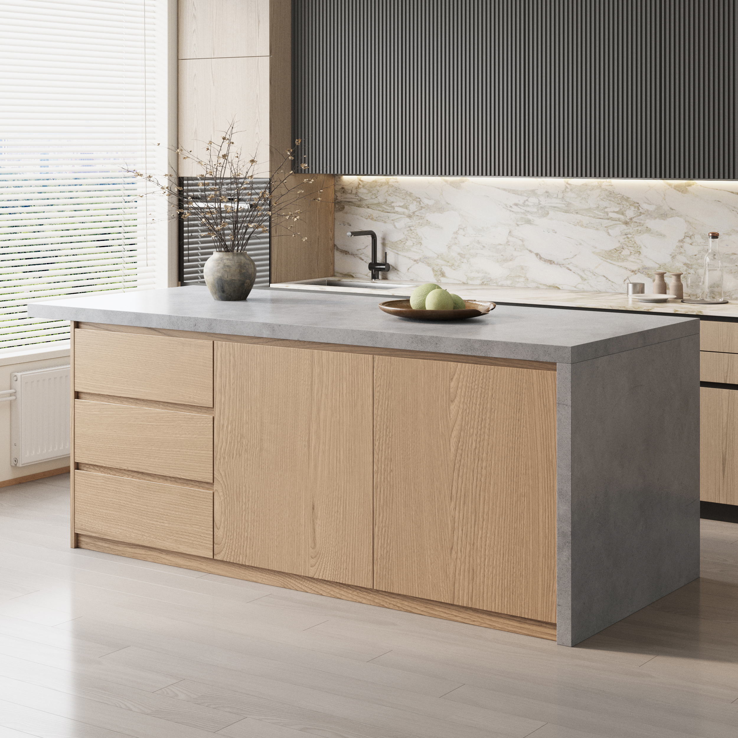 72" Kitchen Island Faux Marble Top with Storage Japandi Style