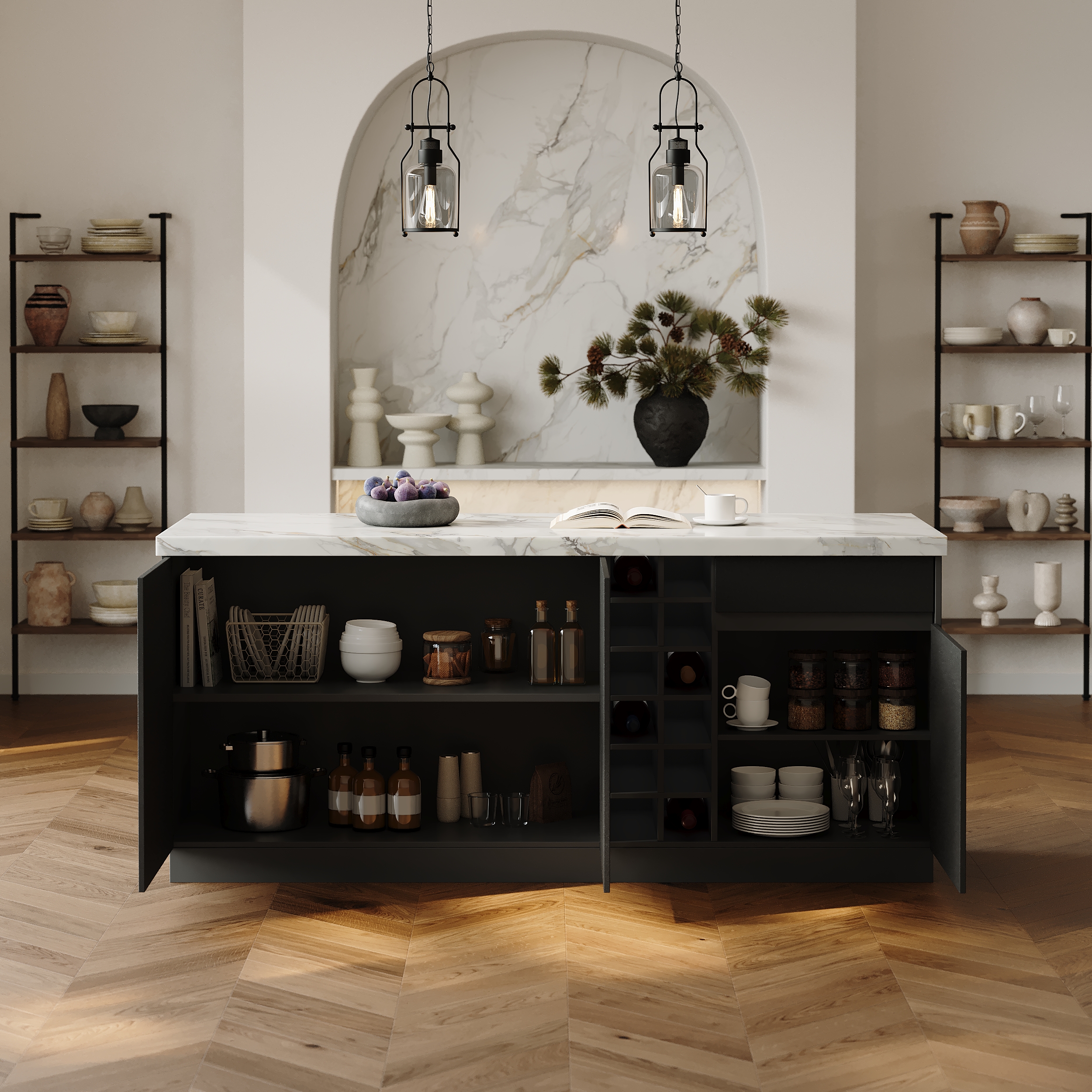 72" Kitchen lsland Wood Storage Kitchen Cabinet with Light Japandi White