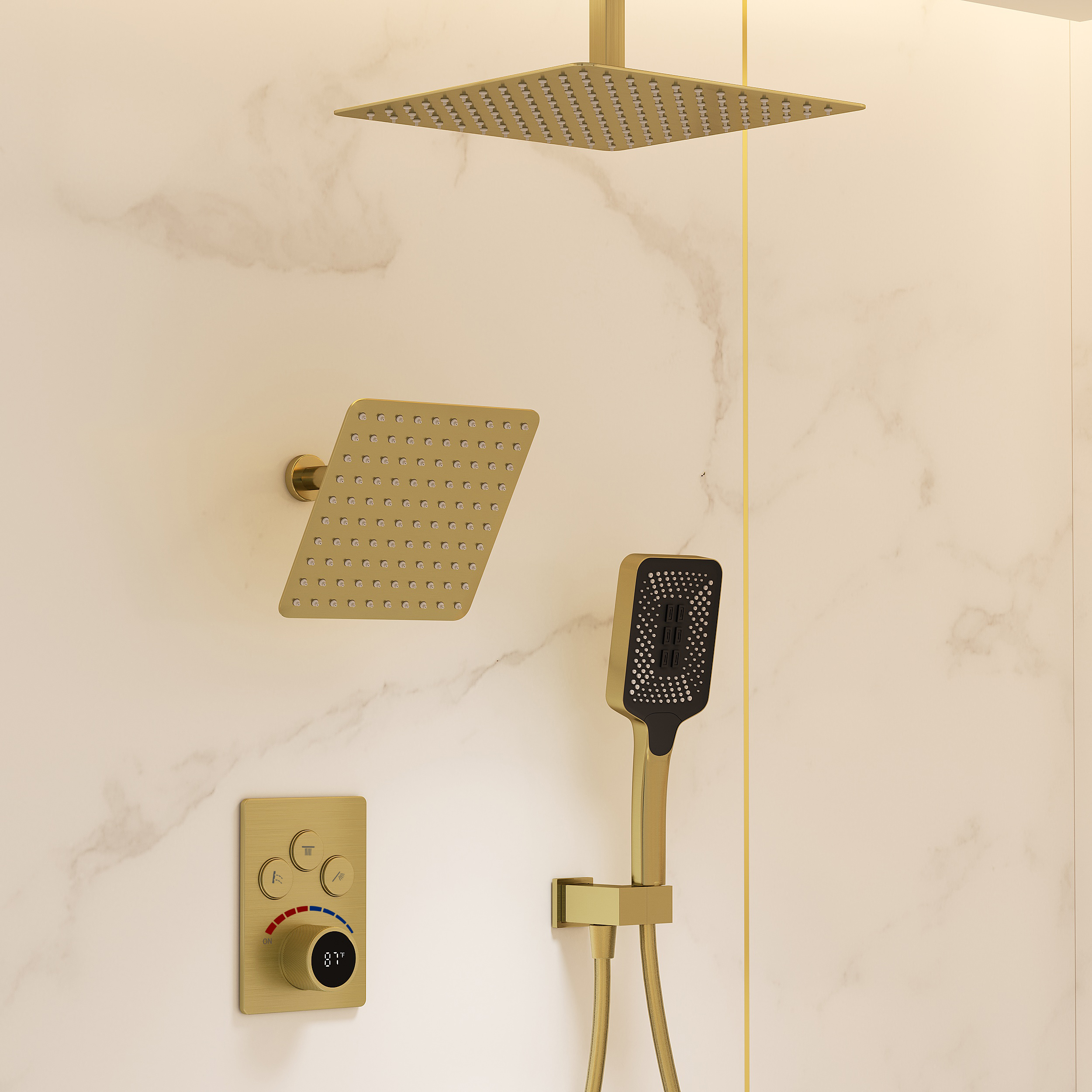 Dual Head Shower System– 12" Ceiling & 8" Wall Shower with Handheld, Solid Brass