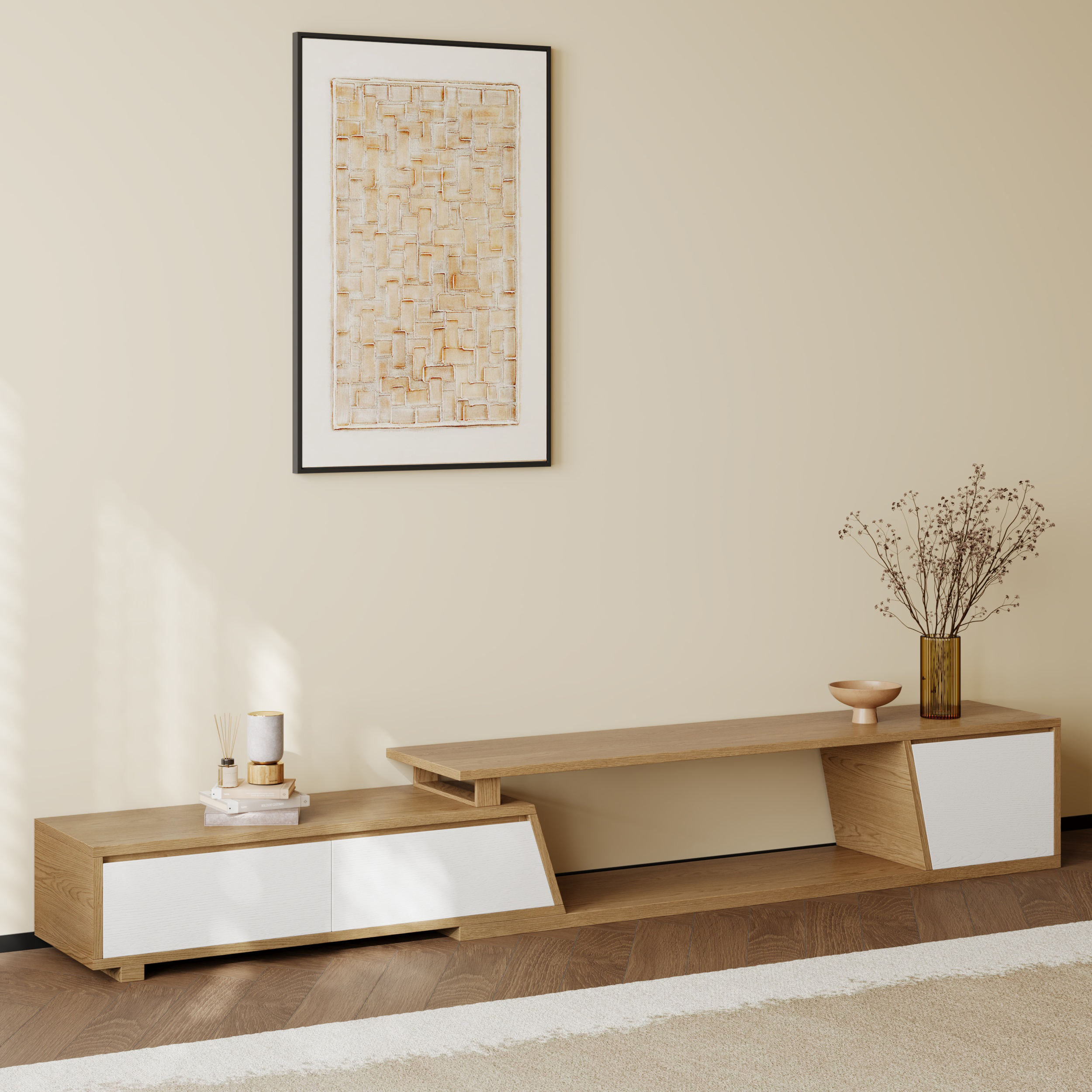 Up to 120" Extendable White & Natural TV Stand Minimalist Floor Media Console with 3