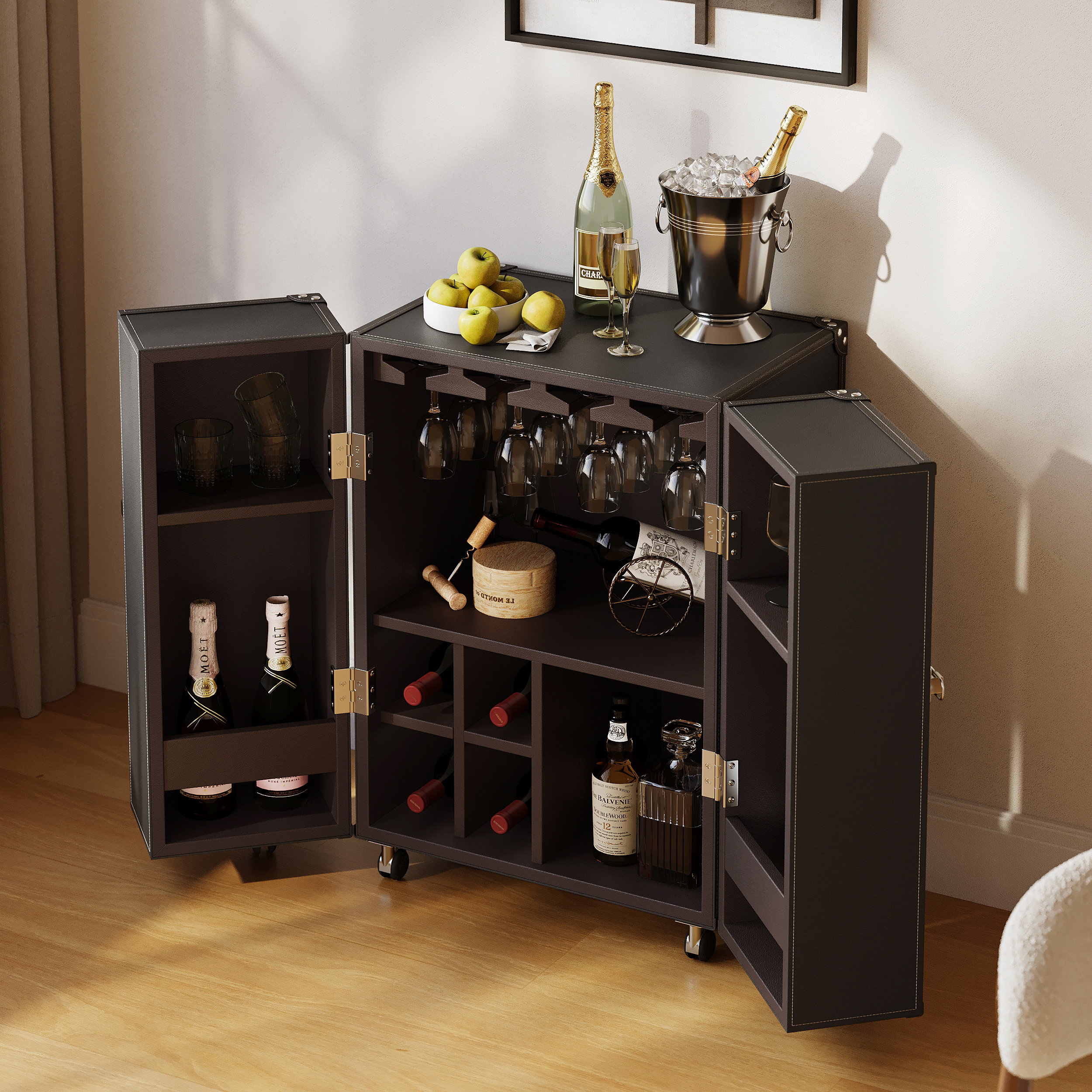 Saddle Leather Mobile Wine Cabinet with Glass Racks and Storage Doors