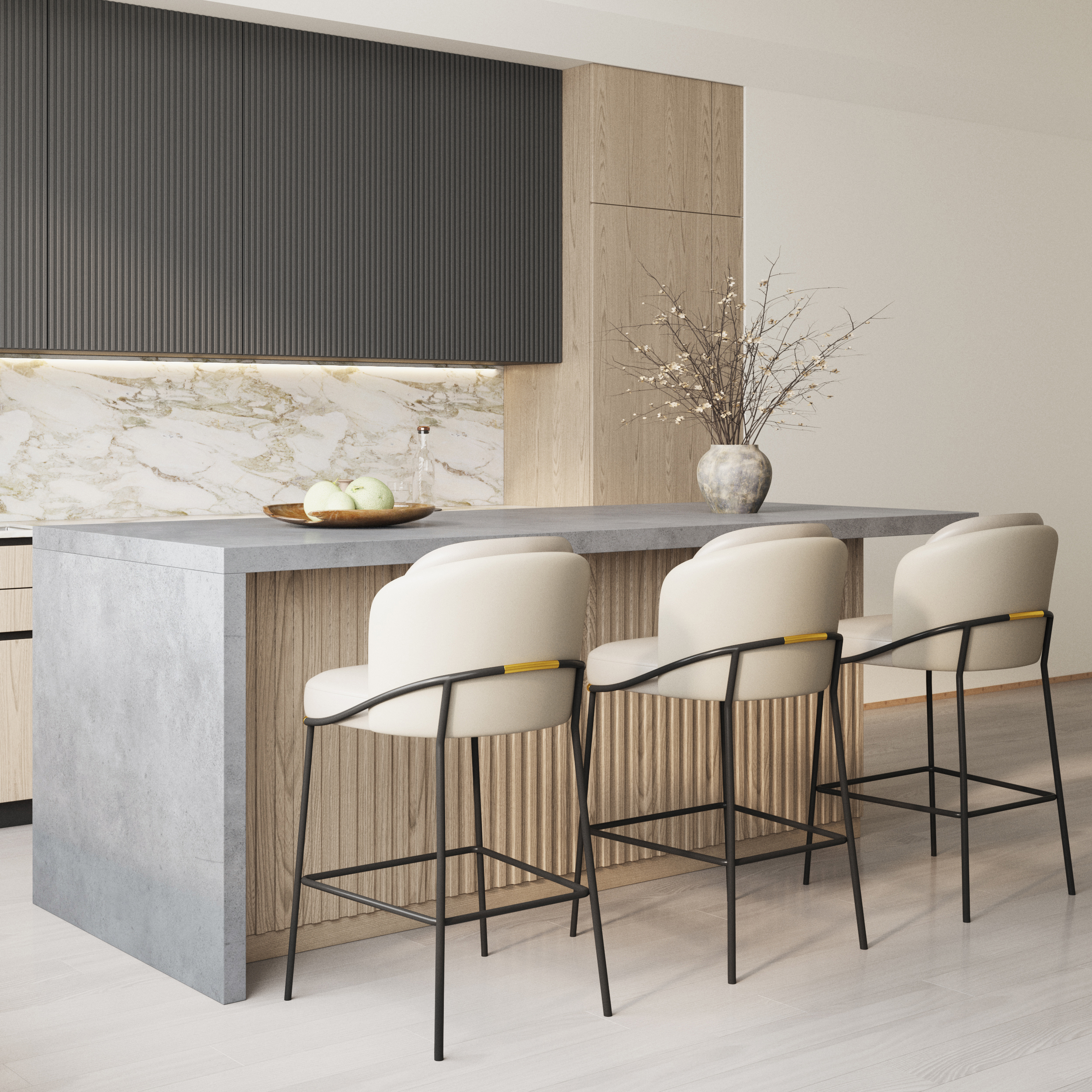 72" Kitchen Island Faux Marble Top with Storage Japandi Style