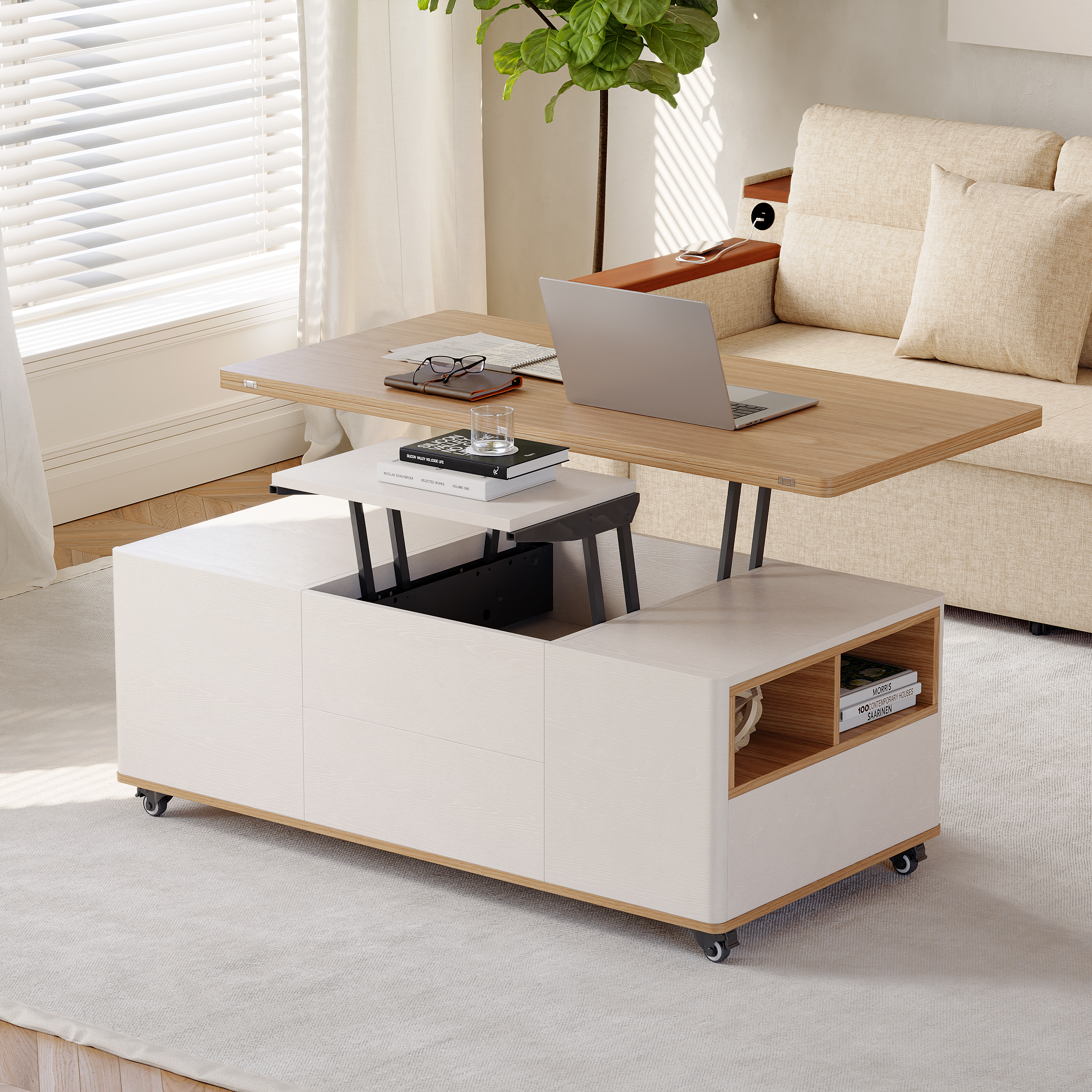 Modern Lift Top Coffee Table Multi Functional Table with 3 Drawers in Natural & White