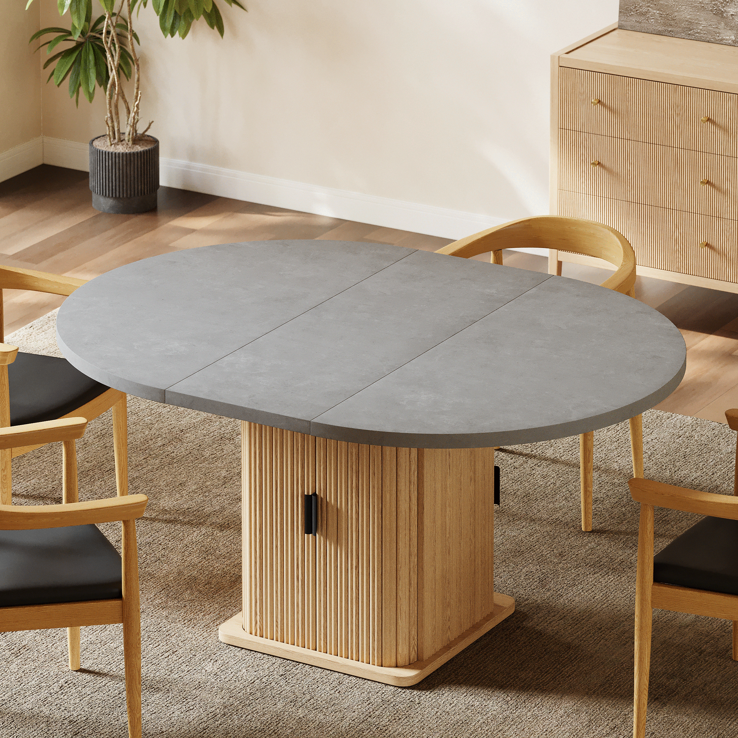 47"-63" Gray Extendable Dining Table with Fluted Base and Storage