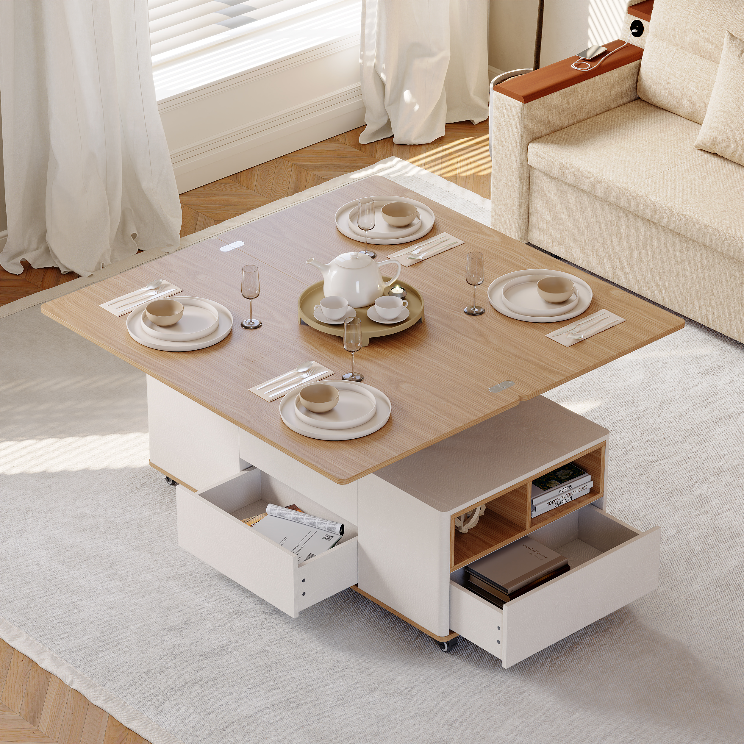 Modern Lift Top Coffee Table Multi Functional Table with 3 Drawers in Natural & White