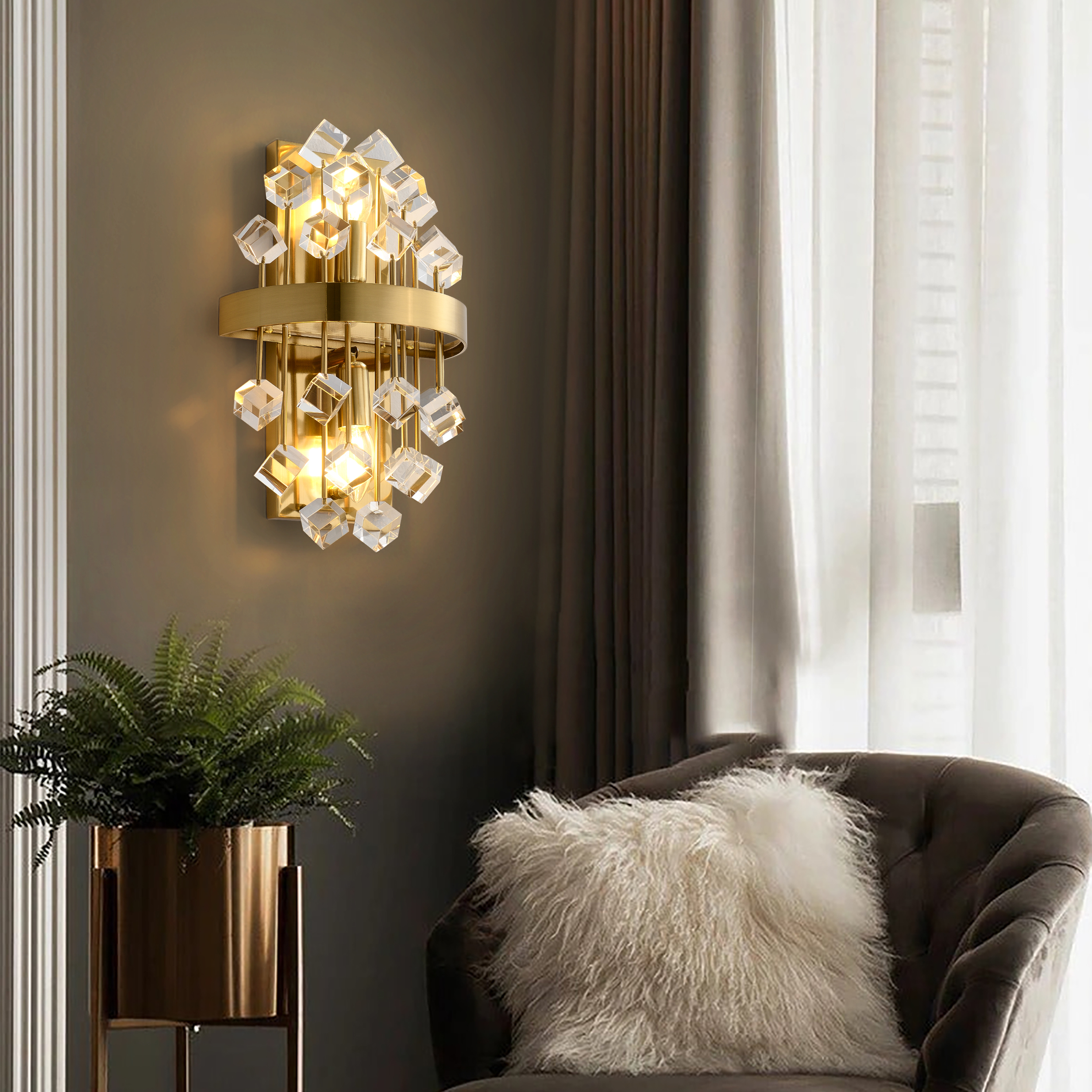 Disdal Light Luxury Crystal Wall Light with Gold Back Plate for Entryway