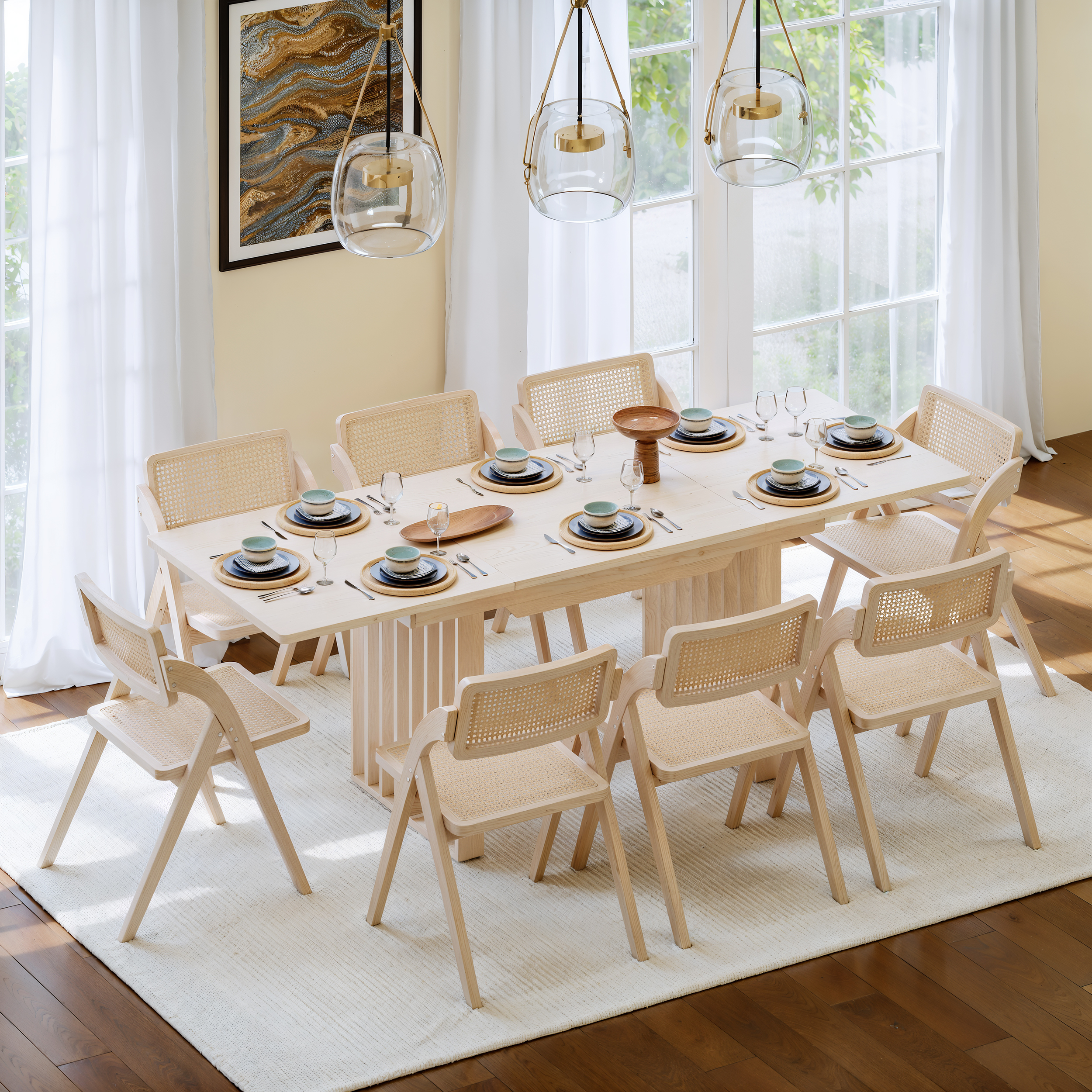 55"-87" Rectangle Extendable Dining Table for 8 Person Japandi Whitewash Dining Room Table