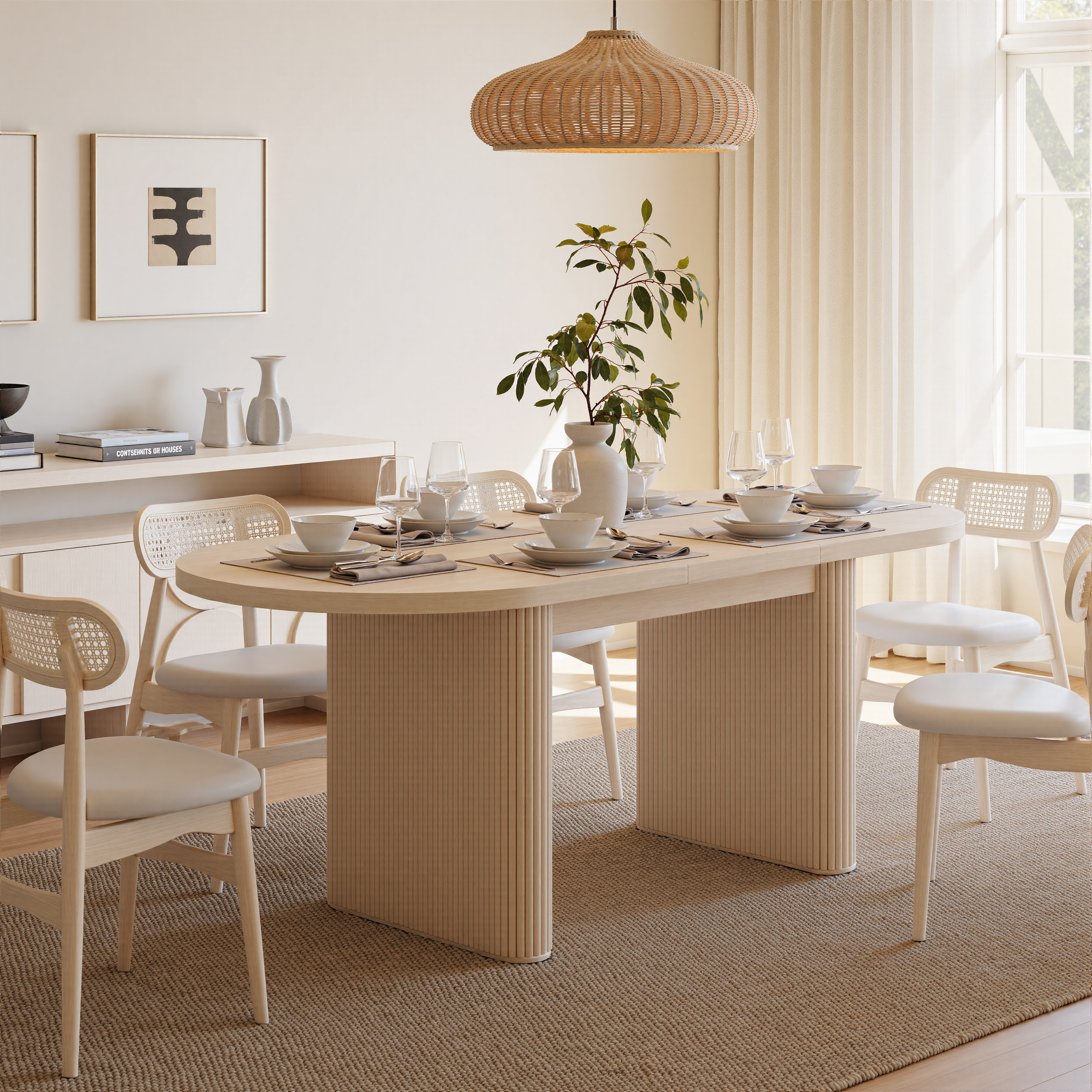 79"-94" Oval Dining Table Extendable Butterfly Leaf for 8 Japandi Whitewash Kitchen Expandable Table