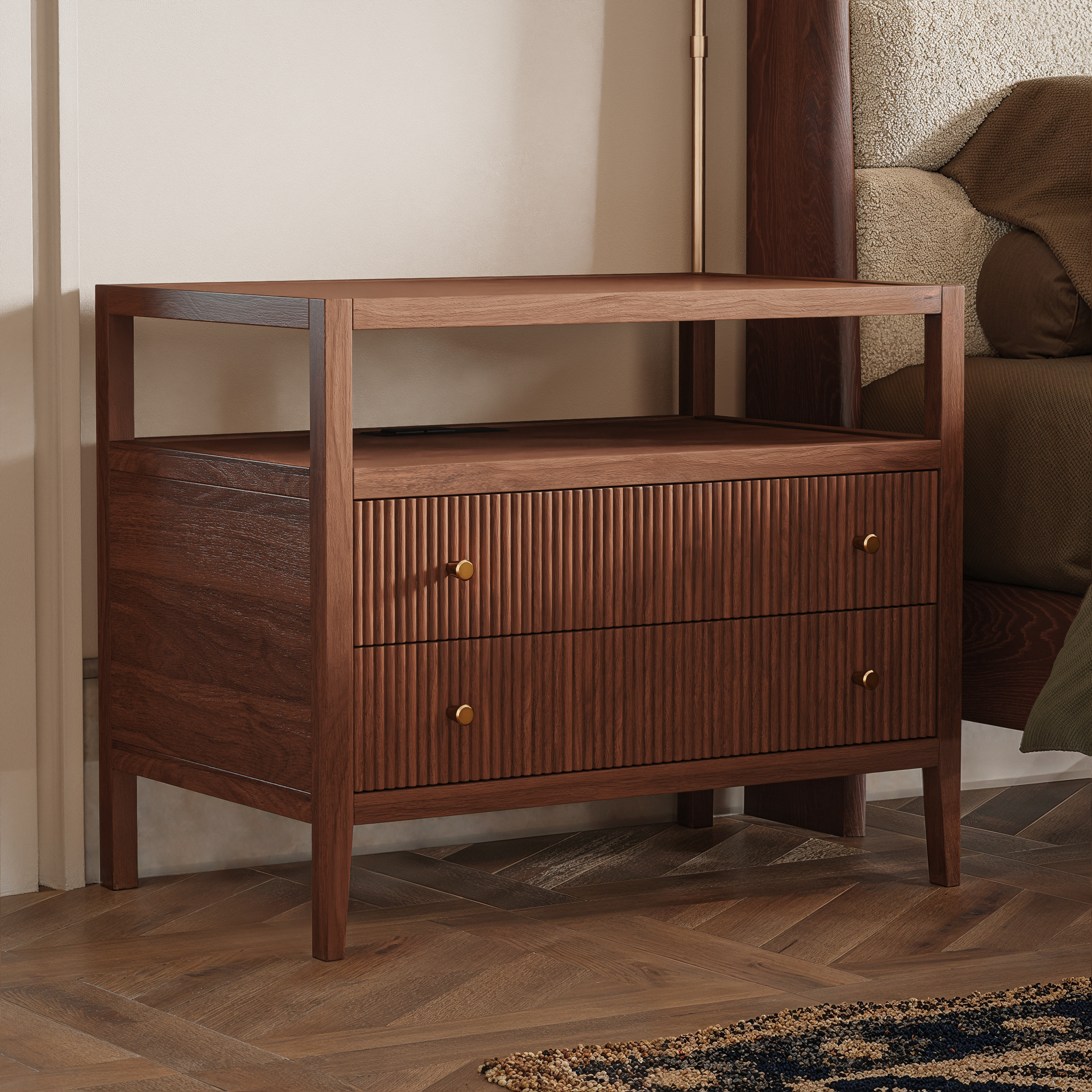 30" Wide Long Modern Smart Nightstand Set of 2 Fluted Bedside Table with 2 Drawers & Charging Station in Gold Handles