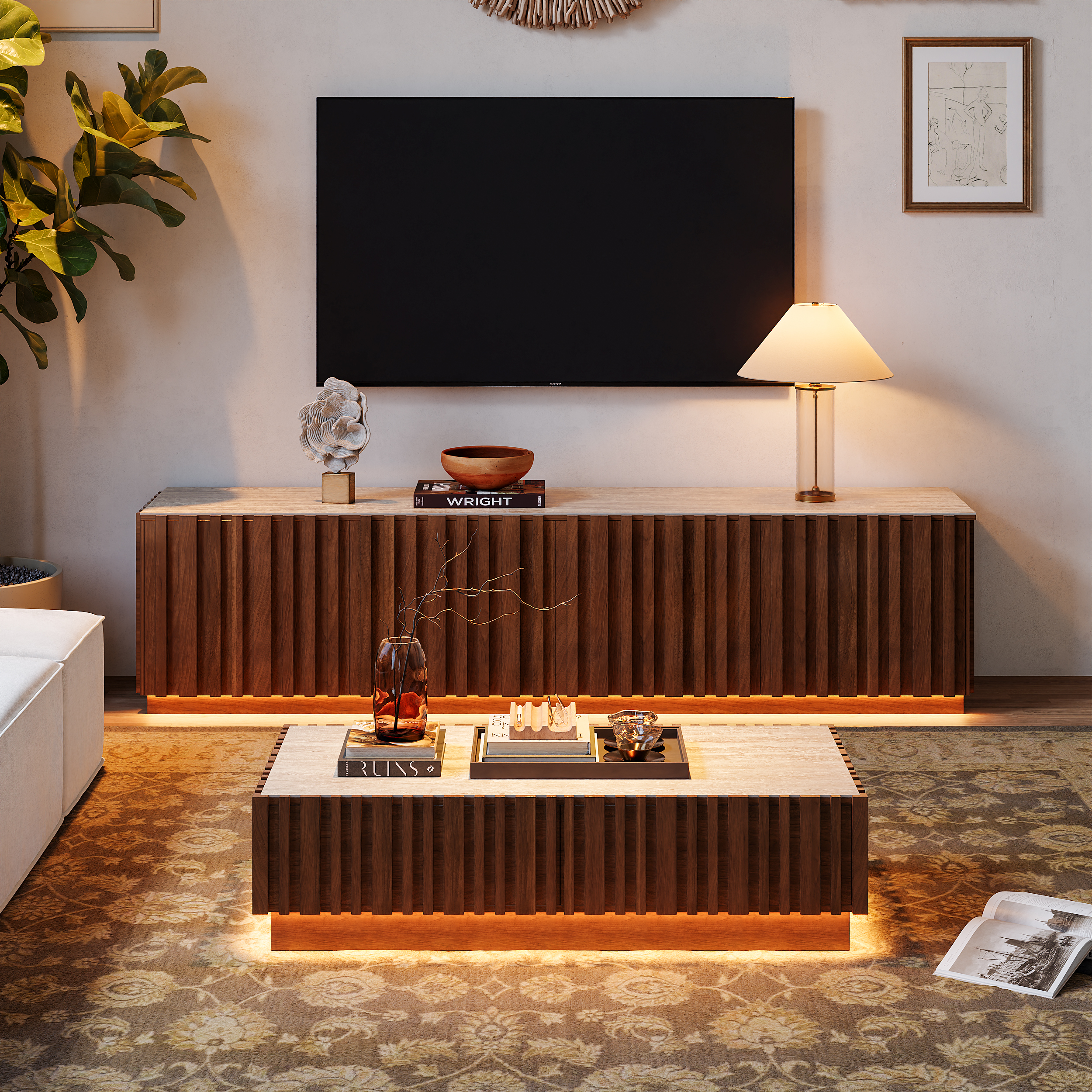 Aura 83" Mid-Century Modern Ash Wood Slatted Walnut TV Stand Coffee Table Set with Travertine Veneer