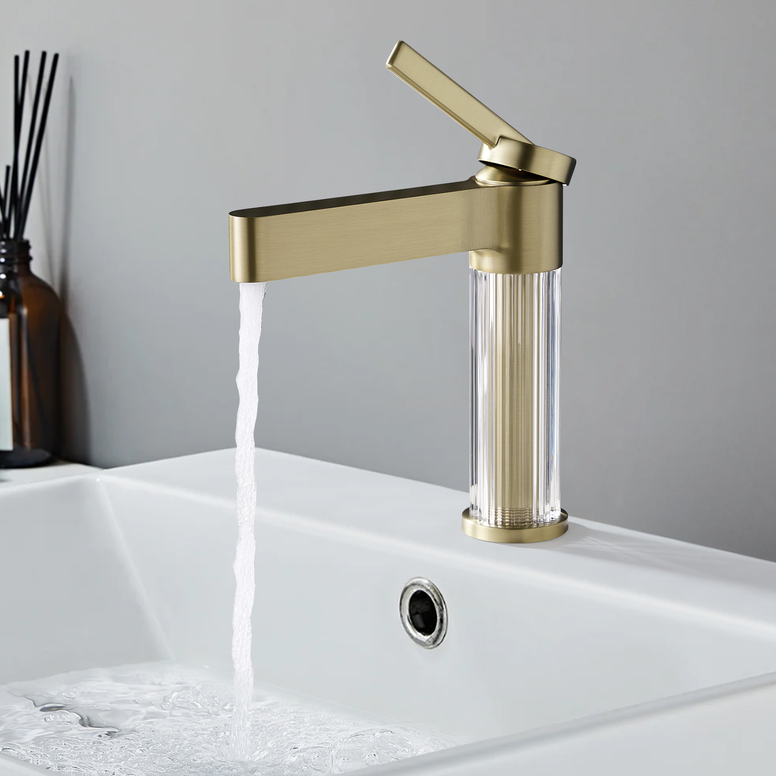 Luxury Brushed Gold Bathroom Faucet– Solid Brass Body with Acrylic Column