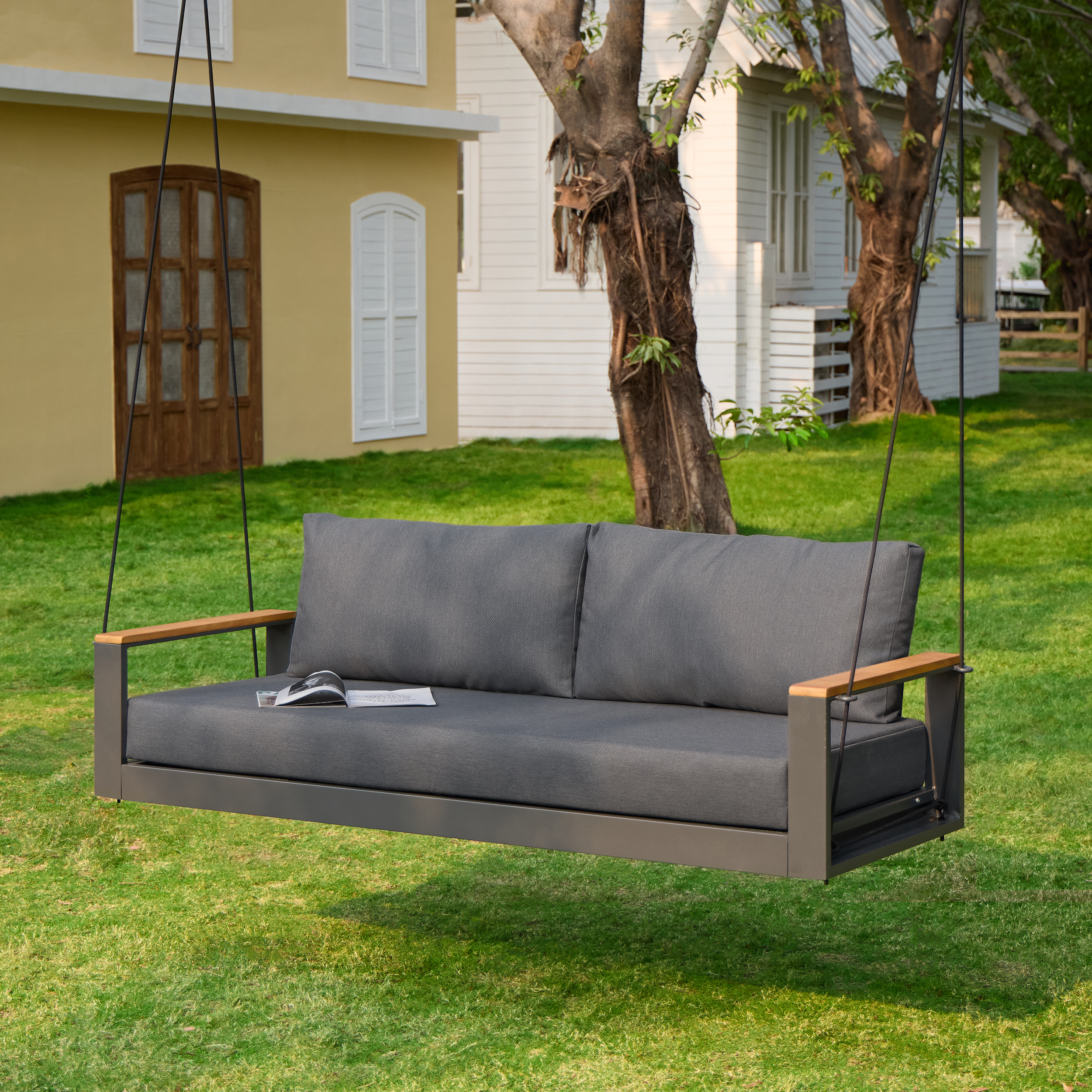 Tevara 2-Sitzer-Hängesessel aus massivem Holz für den Außenbereich, Sofa, Veranda, Schaukelbank, Grau, Kissen und Kissen im Lieferumfang enthalten