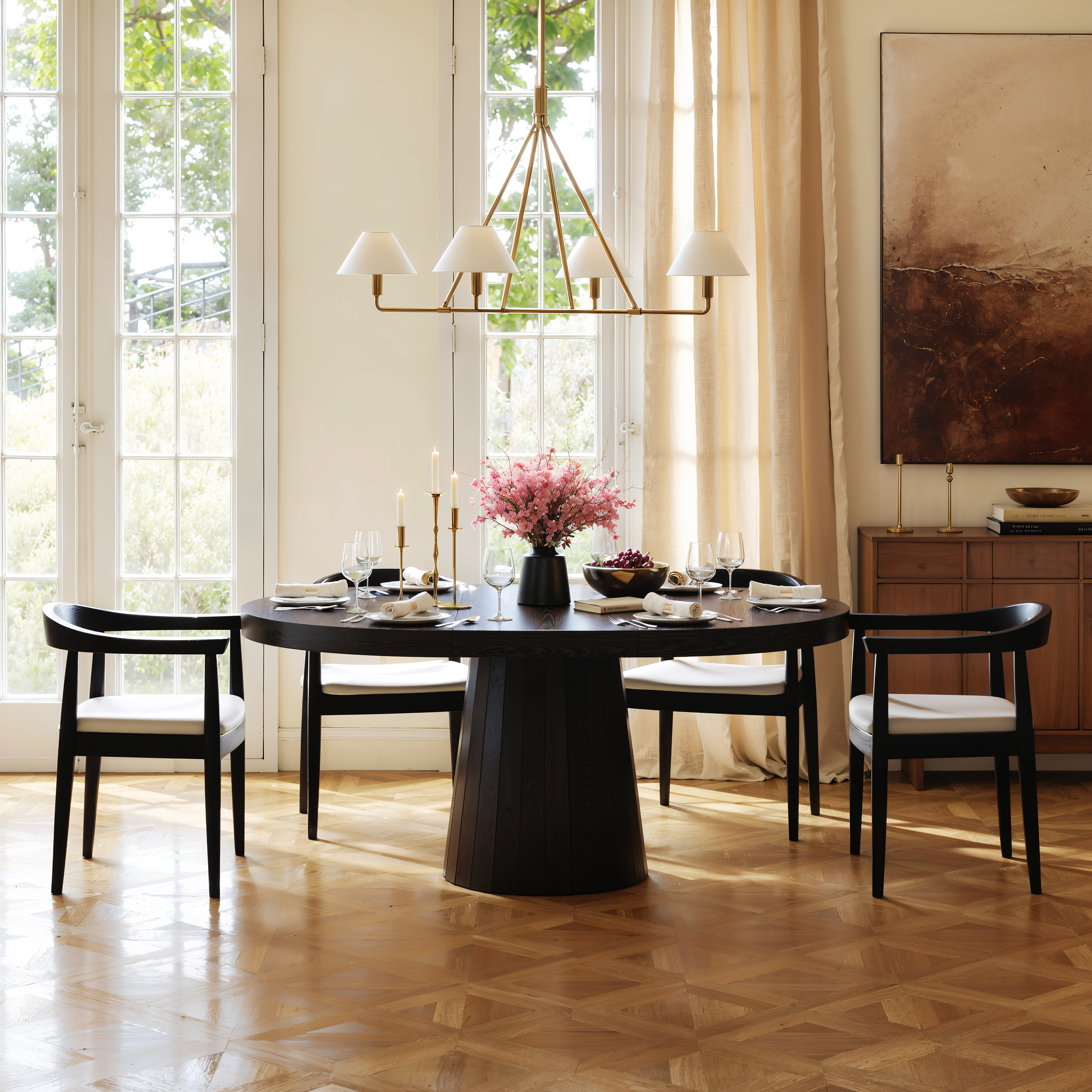 Dining Set 39"-55" Japandi Extendable Dining Table Black with 6 Chairs