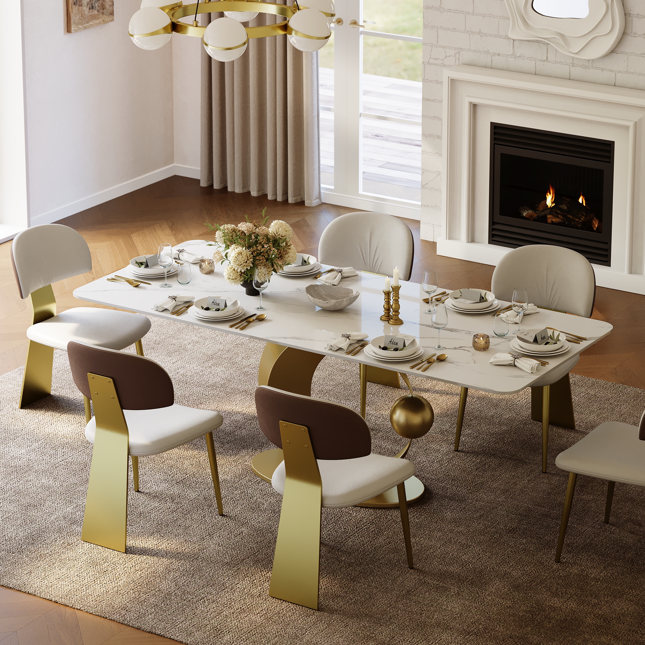 71" White Rectangular Dining Table Modern Faux Marble Tabletop with Pedestal Base