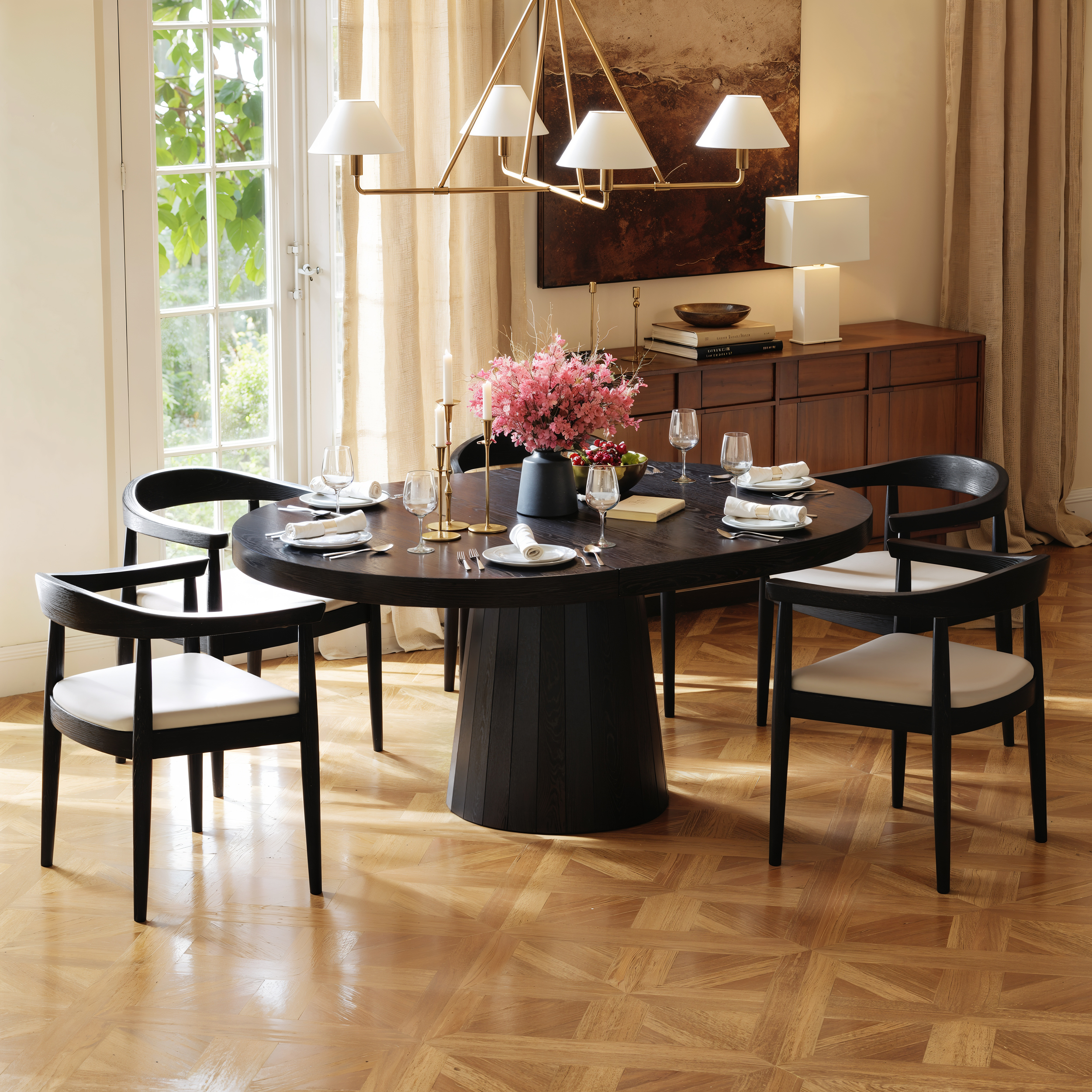 Dining Set 39"-55" Japandi Extendable Dining Table Black with 6 Chairs