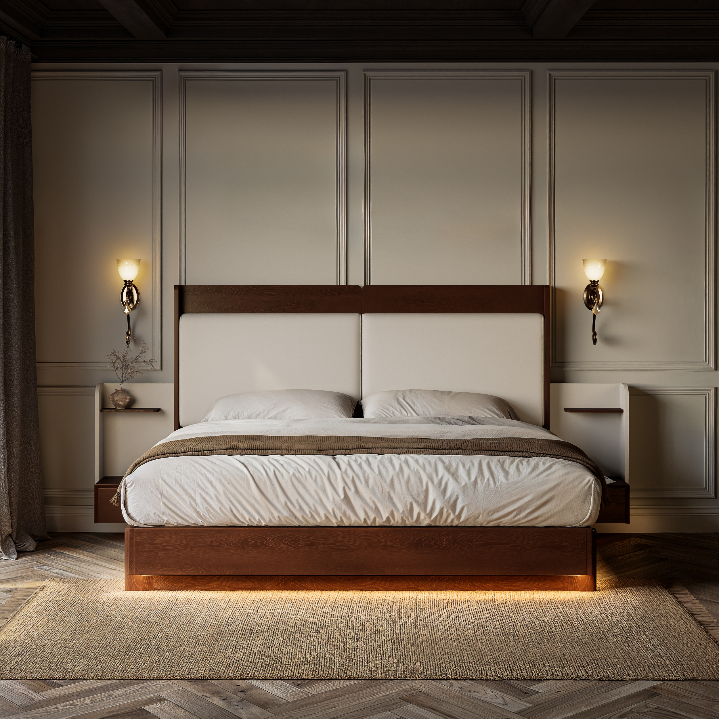 King Solid Wood Bed with Leather Extended Headboard & Floating Smart Nightstand Set