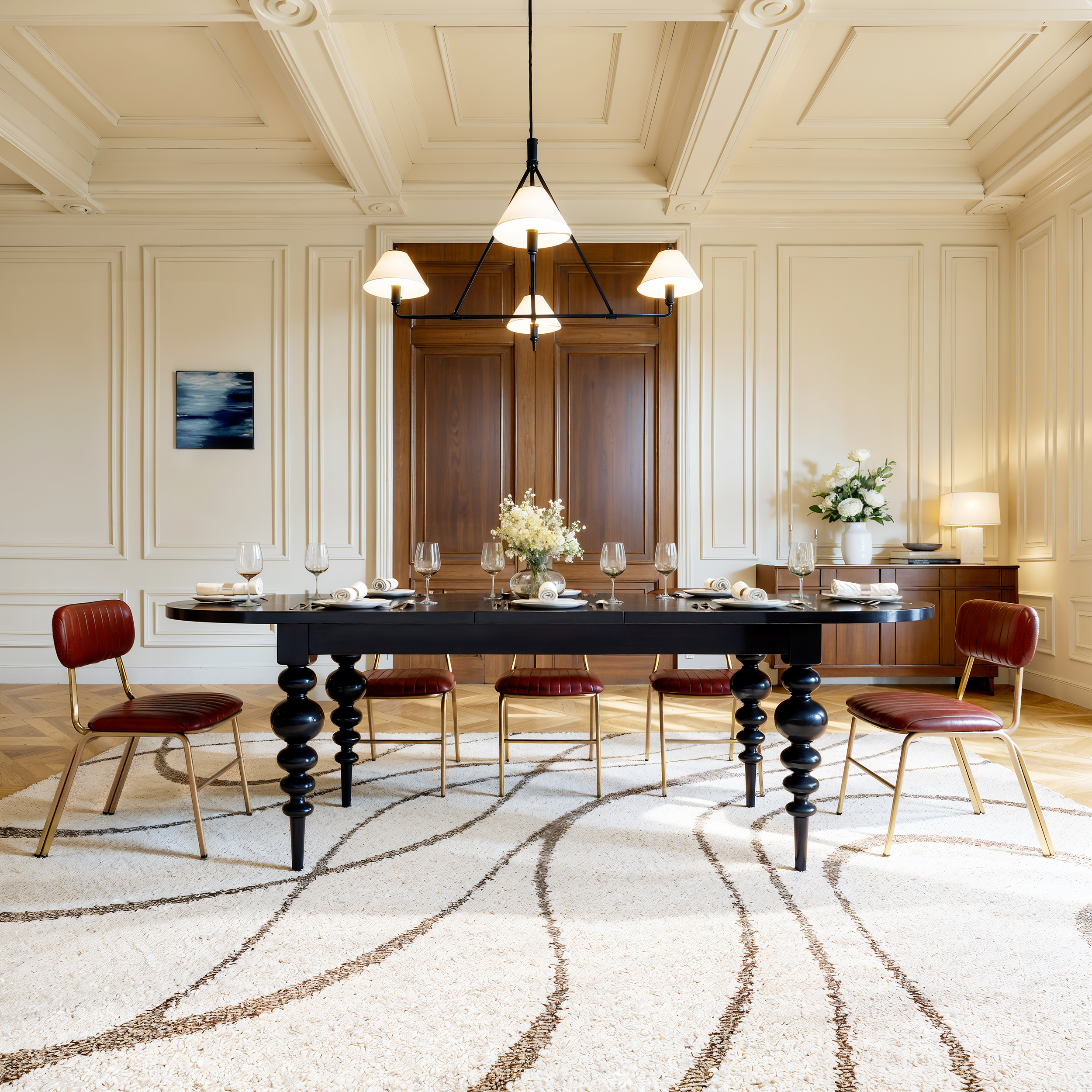 79"-94" Oval Dining Table Extendable for 10 Person with Turned Legs Mid-Century Modern Black