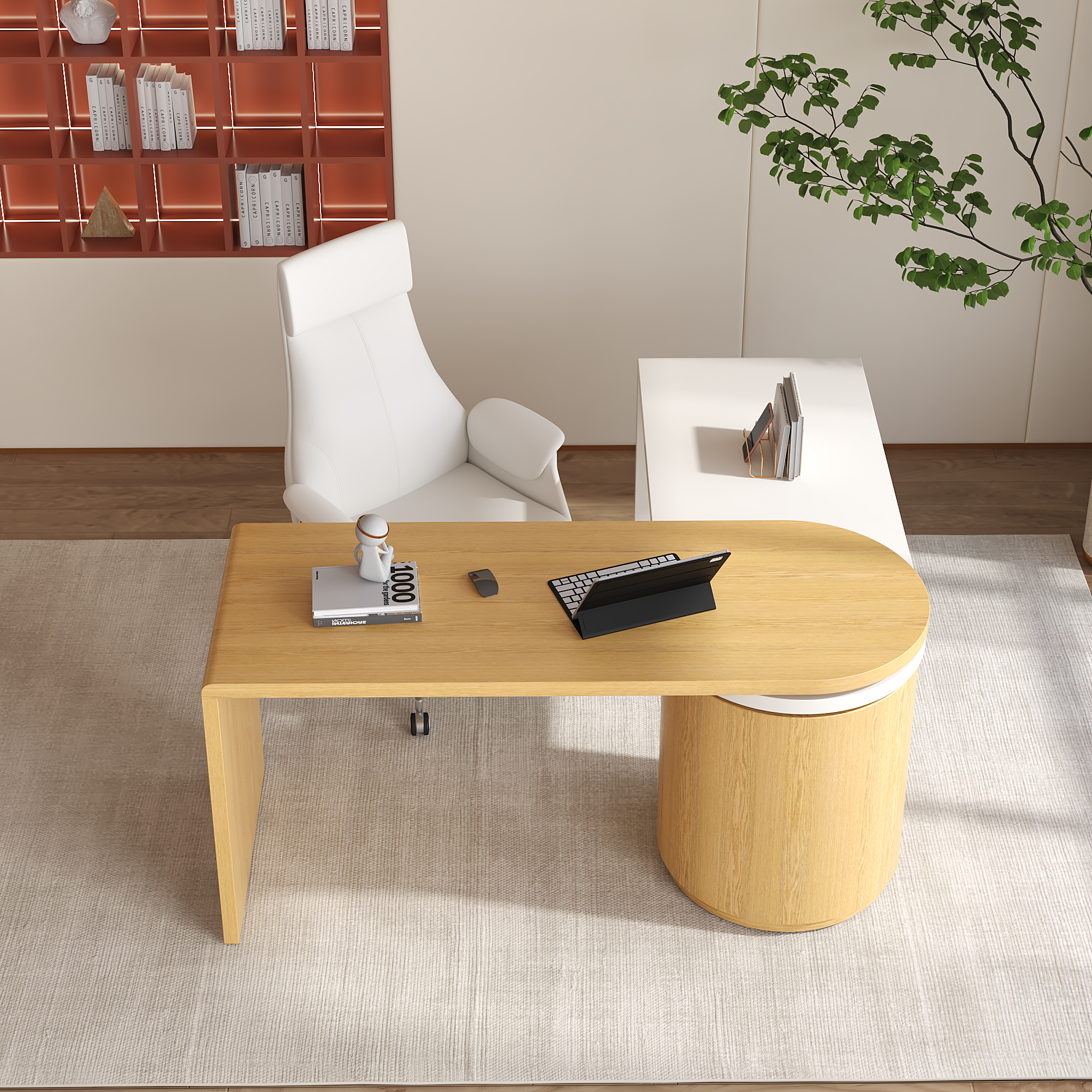 Modern Natural & White 360° swivel L Shaped Executive Desk with Cabinet & 2 Drawers (59.8'') Home