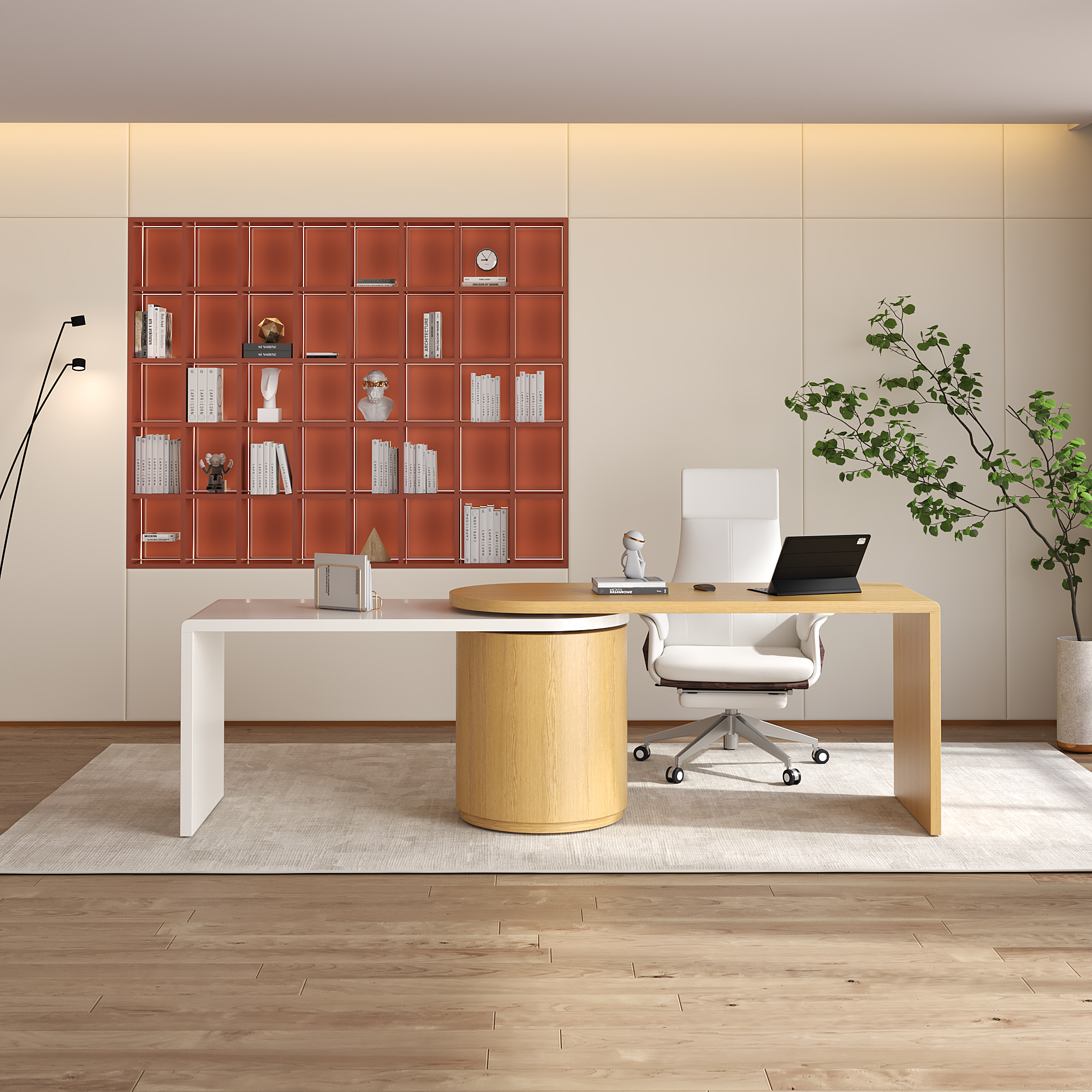 Modern Natural & White 360° swivel L Shaped Executive Desk with Cabinet & 2 Drawers (59.8'') Home
