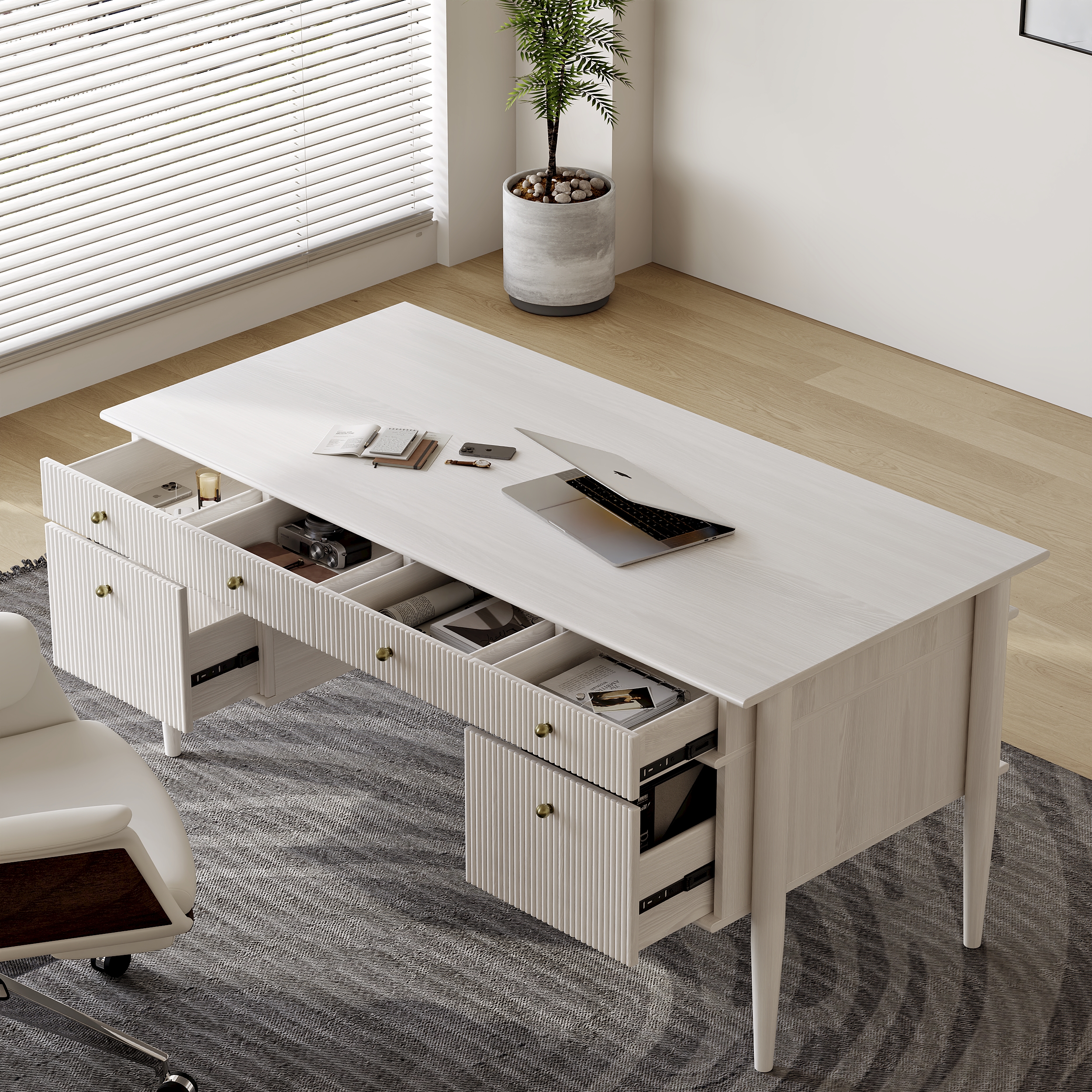 Modern Solid Wood Home Office Desk with 6 Drawers Whitewash Executive Writing Desk (64")