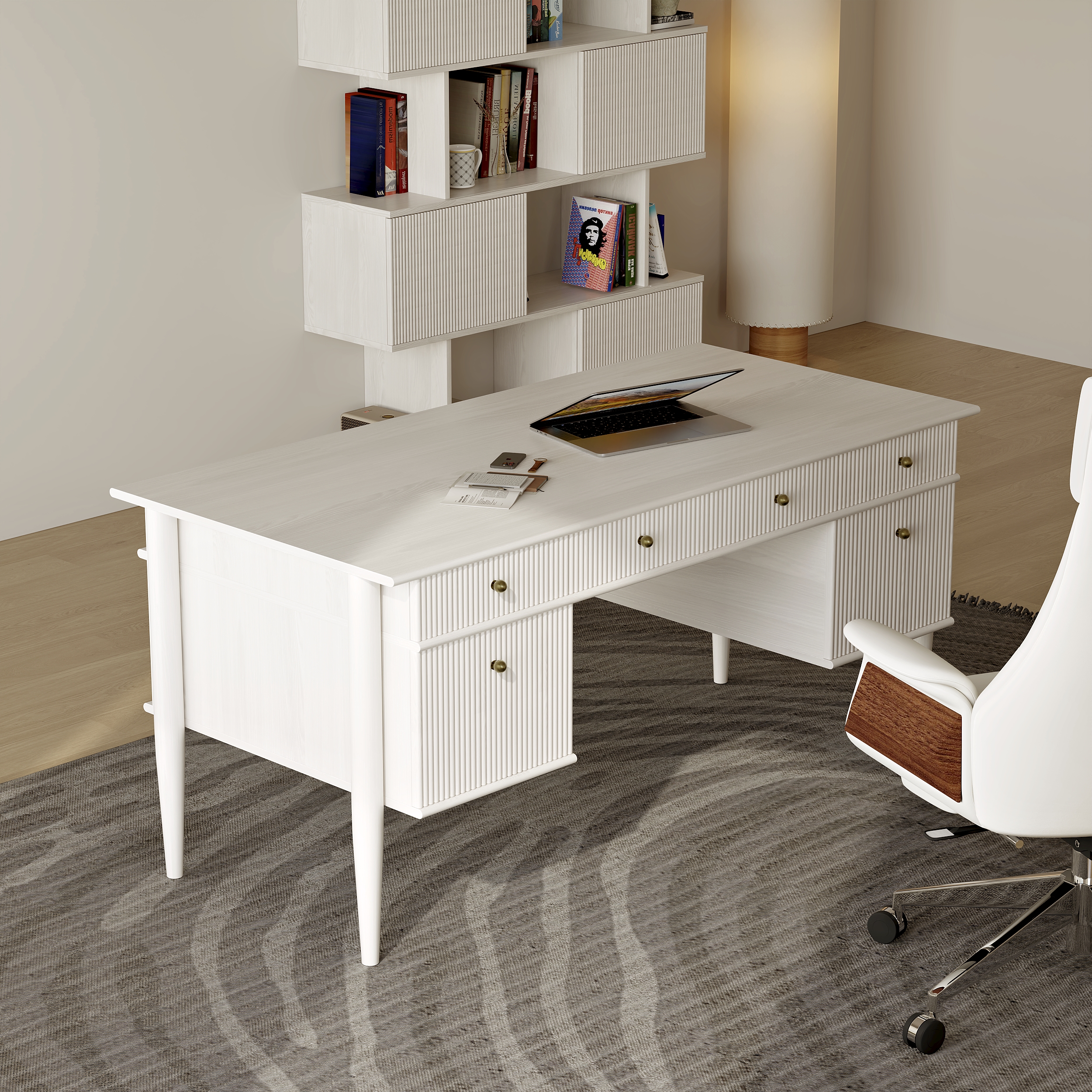Modern Solid Wood Home Office Desk with 6 Drawers Whitewash Executive Writing Desk (64")