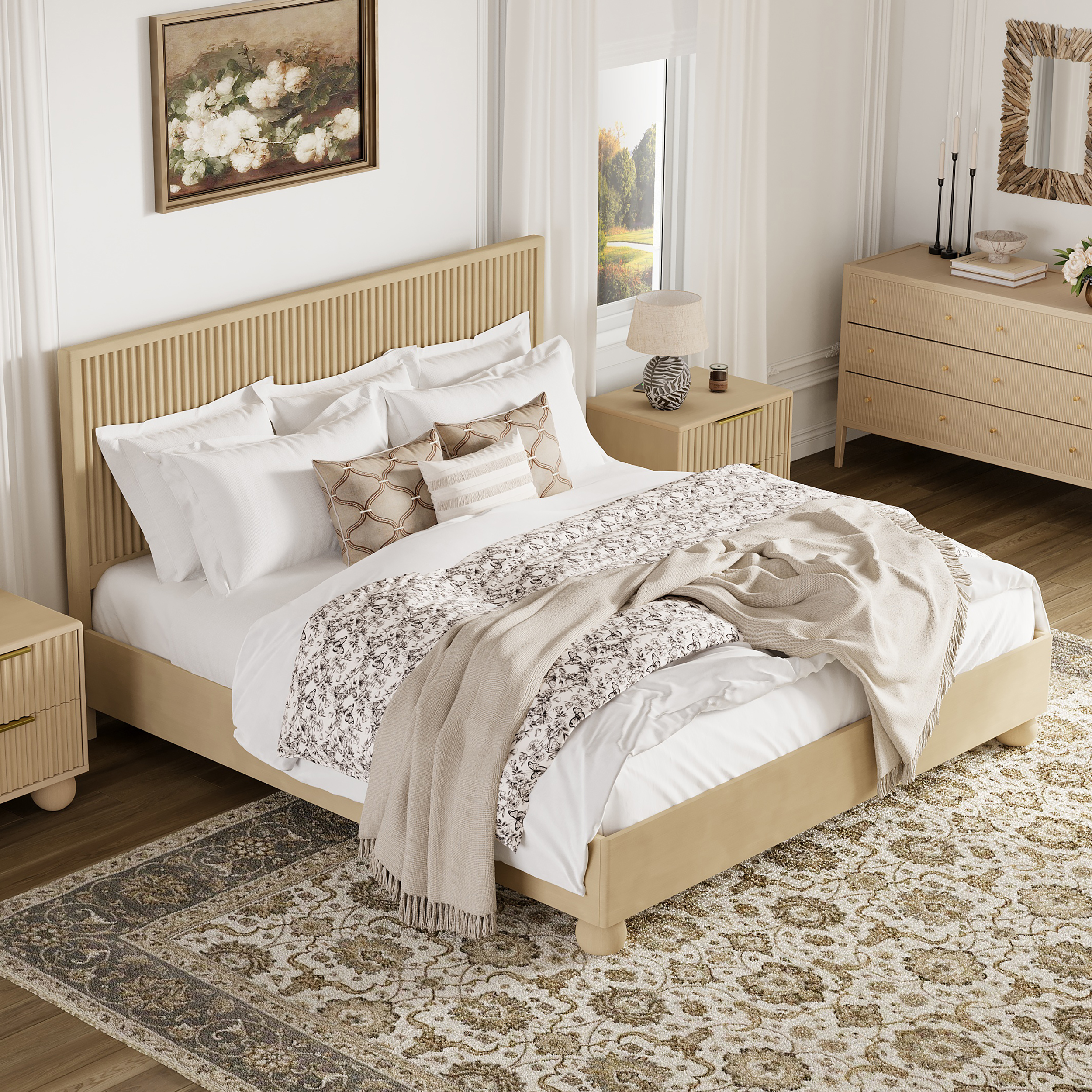 Bolla Fluted Solid Wood Queen Bed Frame styled in a room