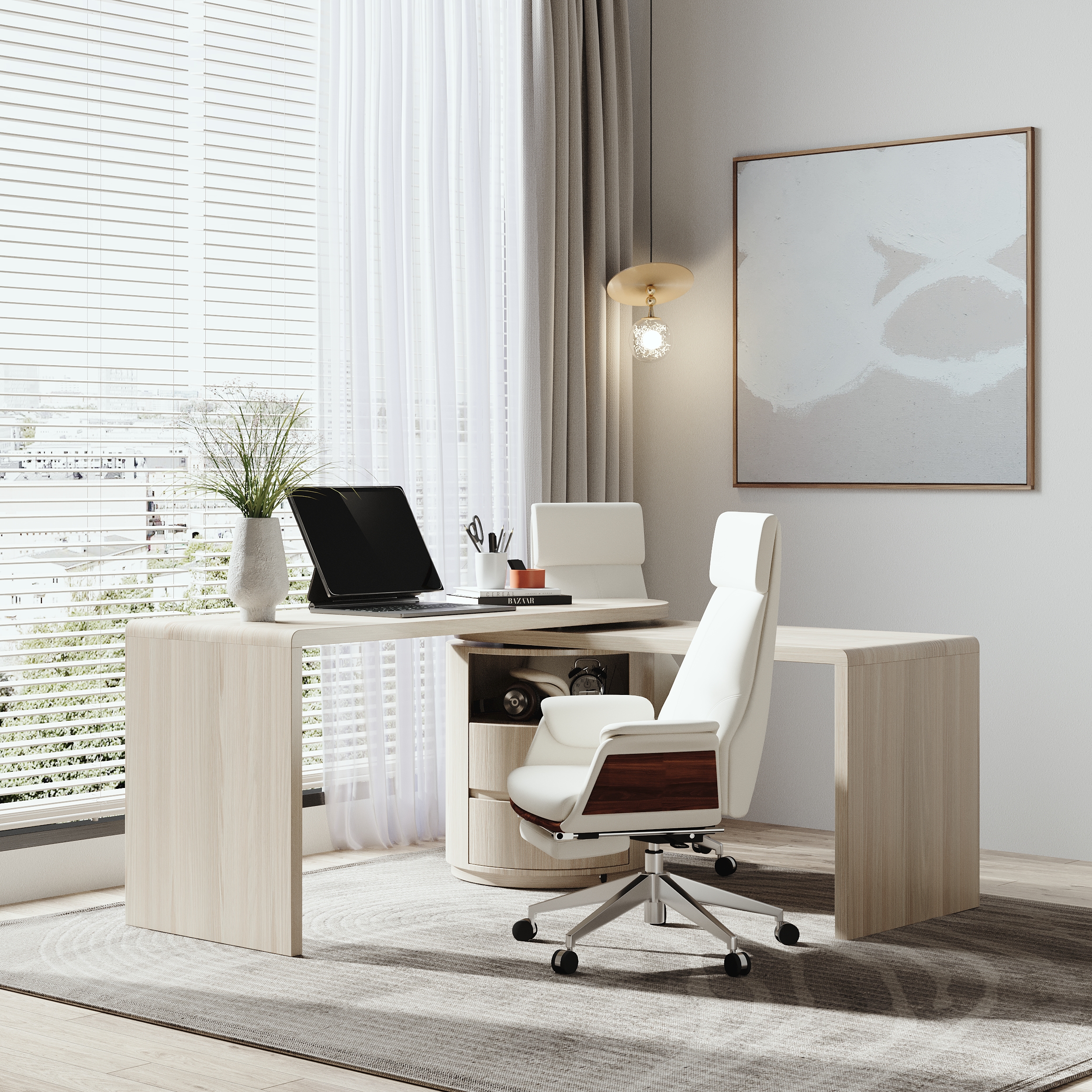 Modern L Shaped Rotating Wash White Executive Office Desk with Drawers White Office Furniture