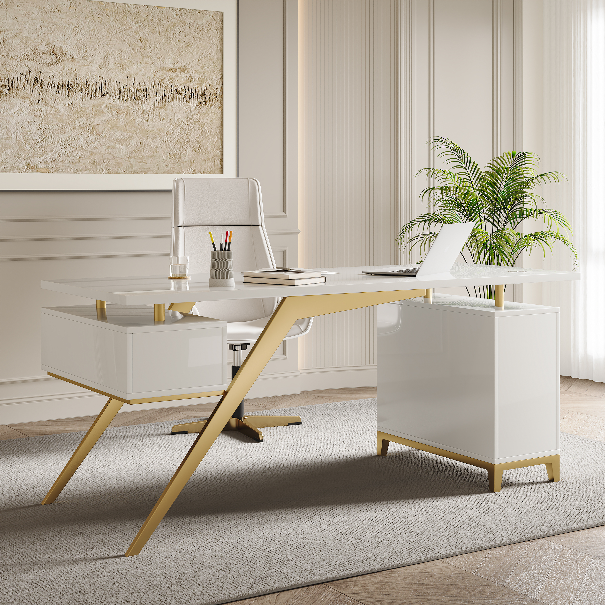 Hungled 71" Modern White Computer Desk Luxury Gold Office Desk with Storage & 1 Cabinet