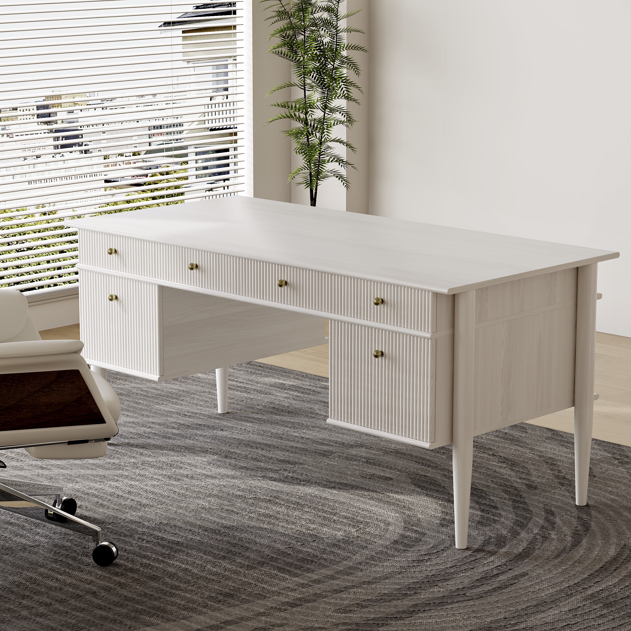 Modern Solid Wood Home Office Desk with 6 Drawers Whitewash Executive Writing Desk (64")