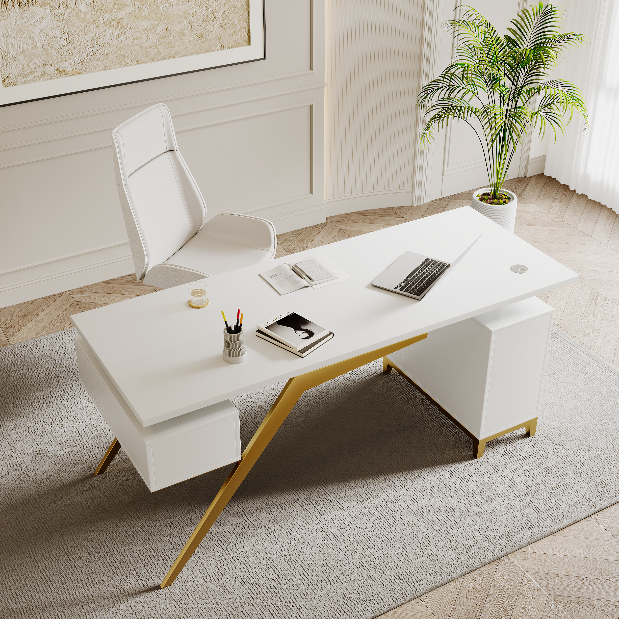 Hungled 71" Modern White Computer Desk Luxury Gold Office Desk with Storage & 1 Cabinet