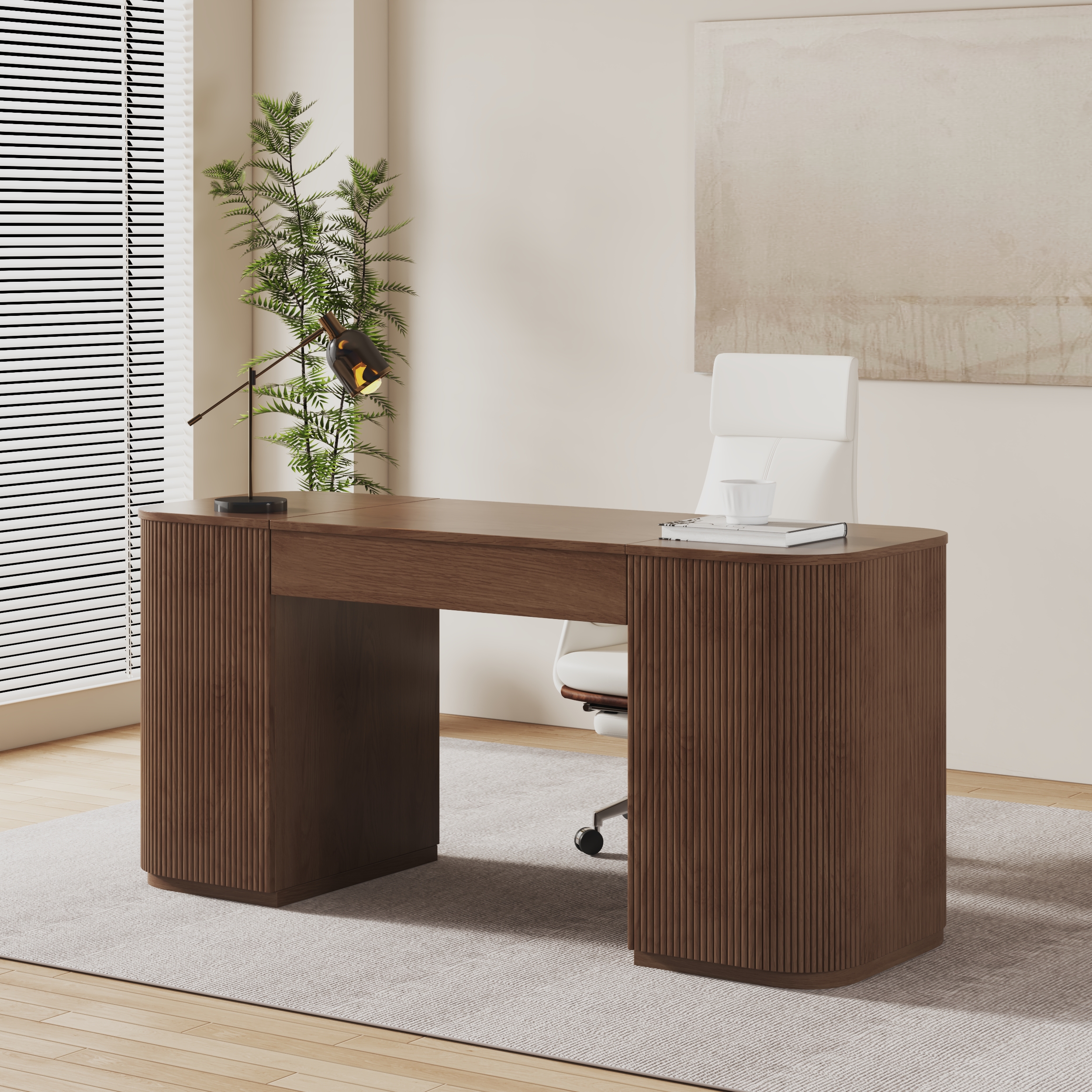 Standing Computer Desk with 2 Doors & Storage Walnut Manufactured Wood Office Furniture (59.8"