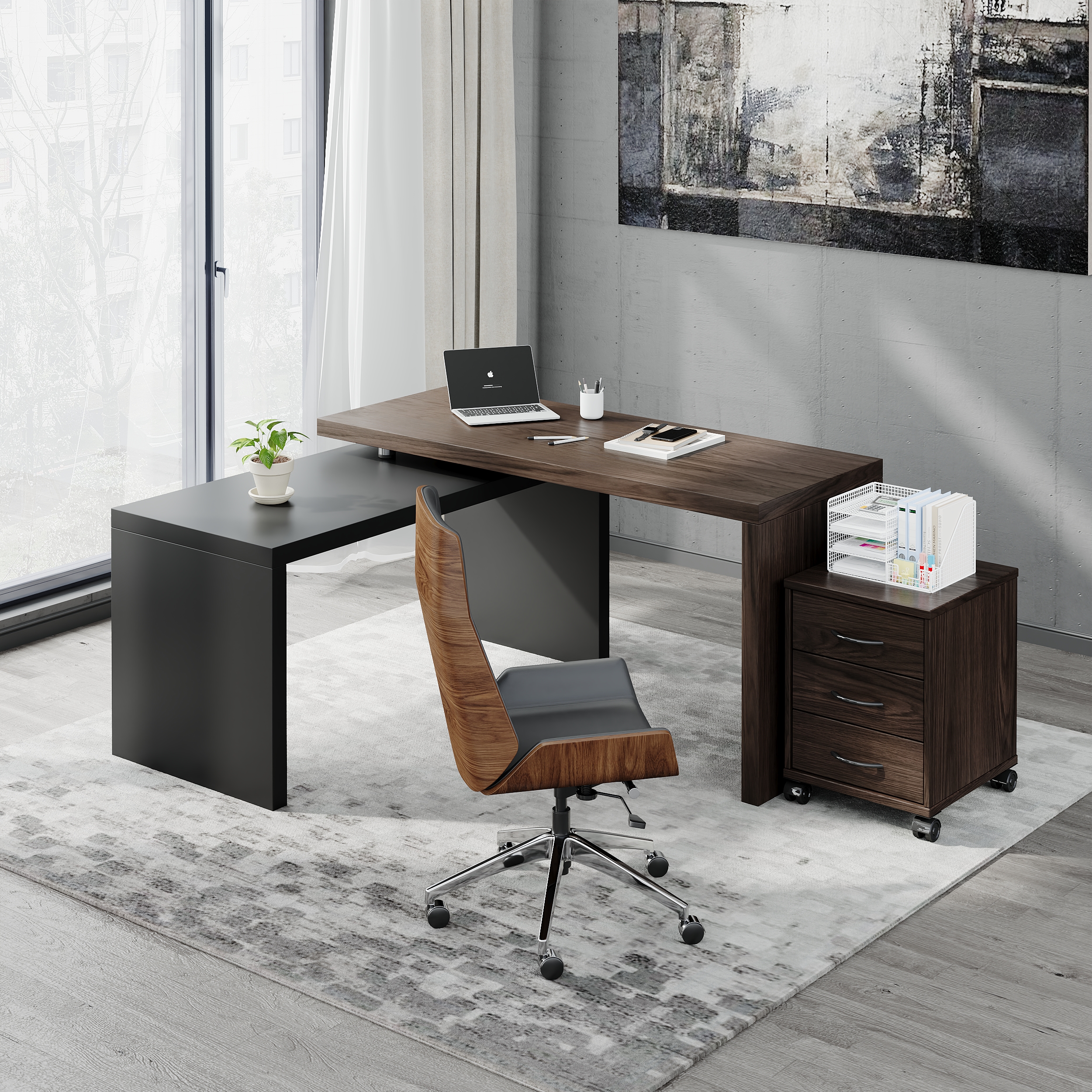 Modern L Shaped Executive Office Desk with with Movable File Cabinet Black & Walnut Swivel Desk