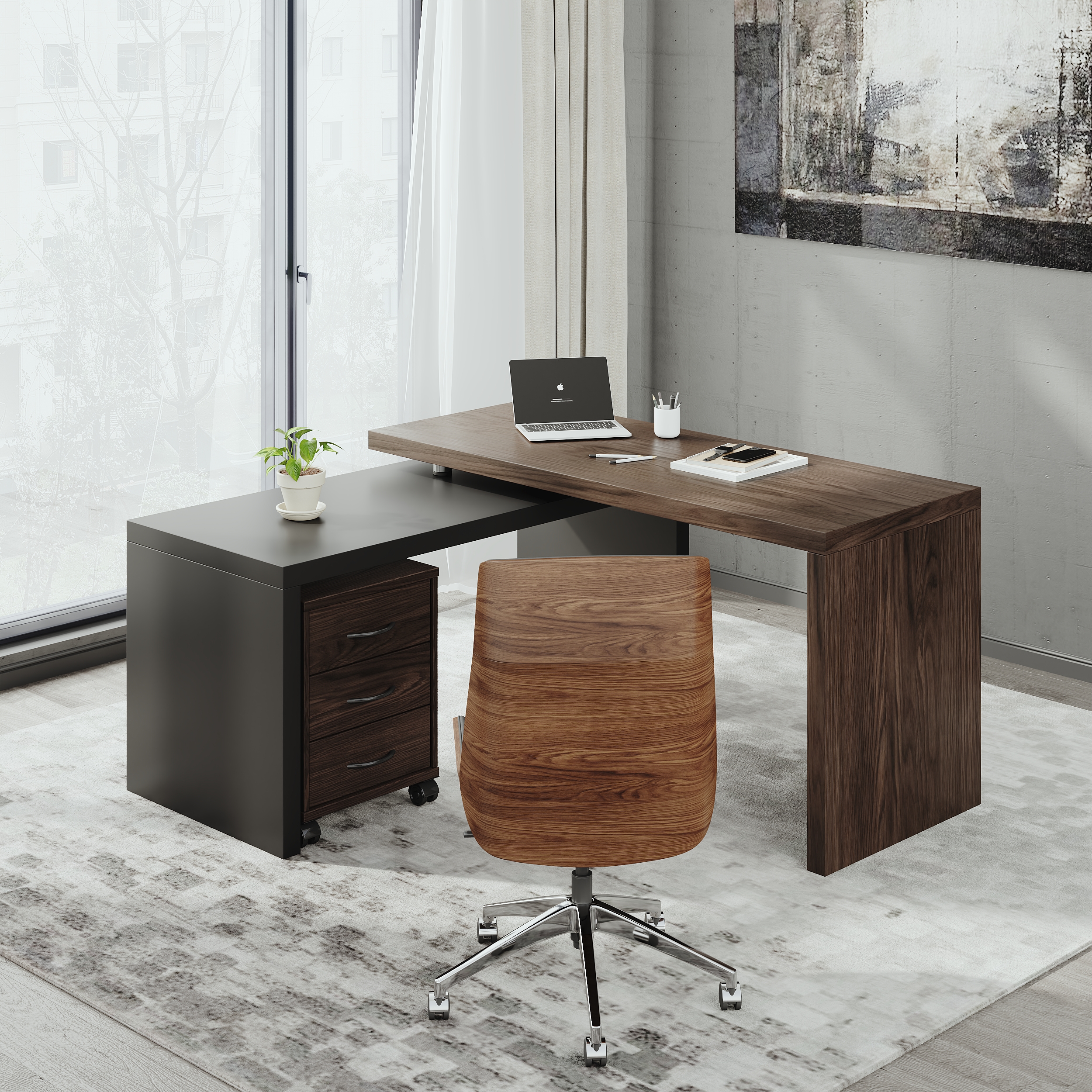 Modern L Shaped Executive Office Desk with with Movable File Cabinet Black & Walnut Swivel Desk Office Furniture (59.8" )