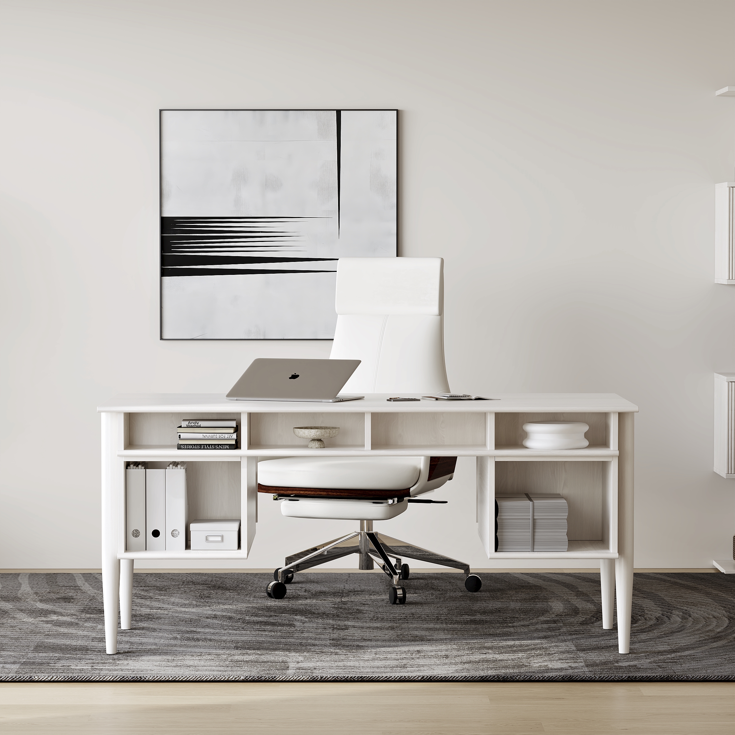 Modern Solid Wood Home Office Desk with 6 Drawers Whitewash