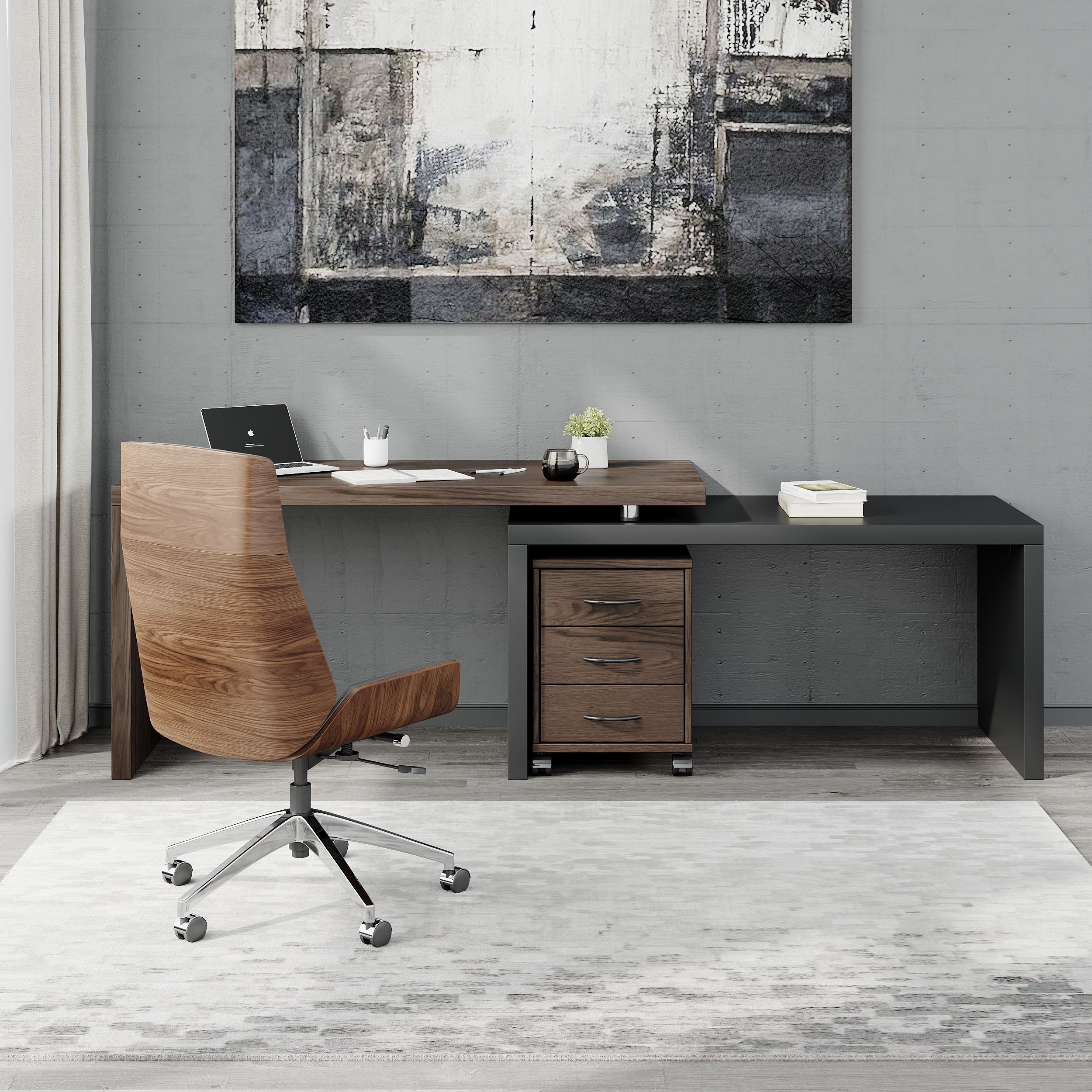 Modern L Shaped Executive Office Desk with with Movable File Cabinet Black & Walnut Swivel Desk