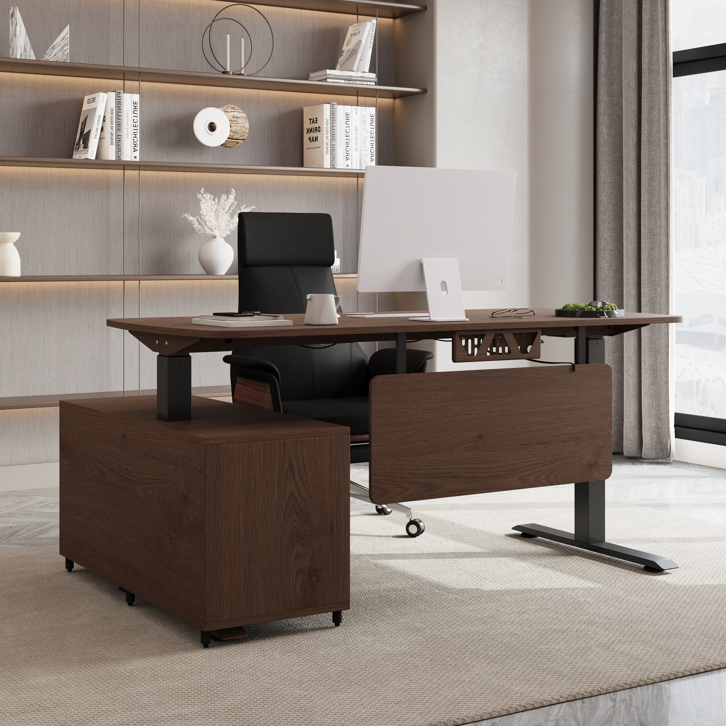 L Shaped Executive Office Desk with Adjustable Electric Standing Desktop Walnut Office Furniture