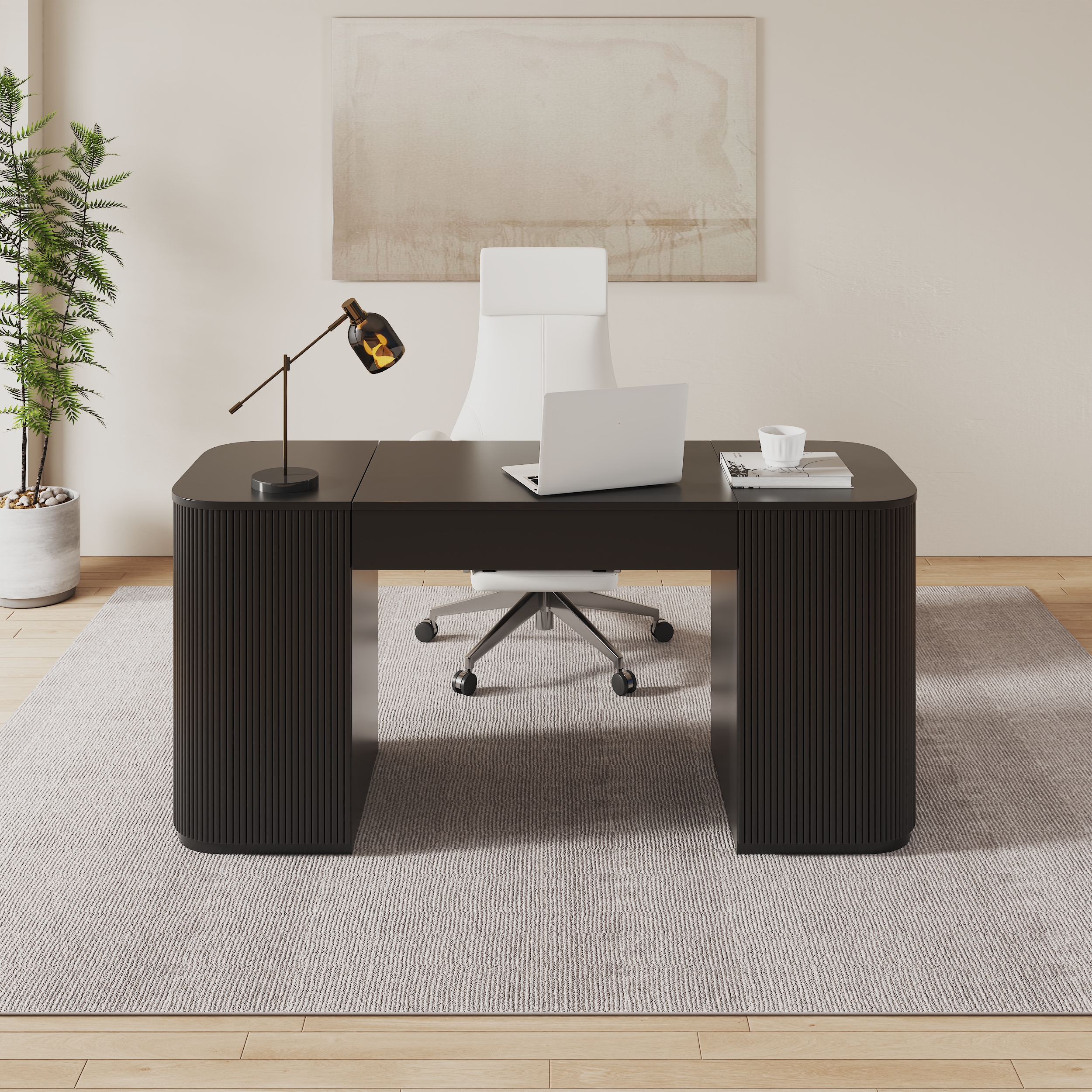 Standing Computer Desk with 2 Doors & Storage Black Manufactured Wood Office Furniture (59.8"
