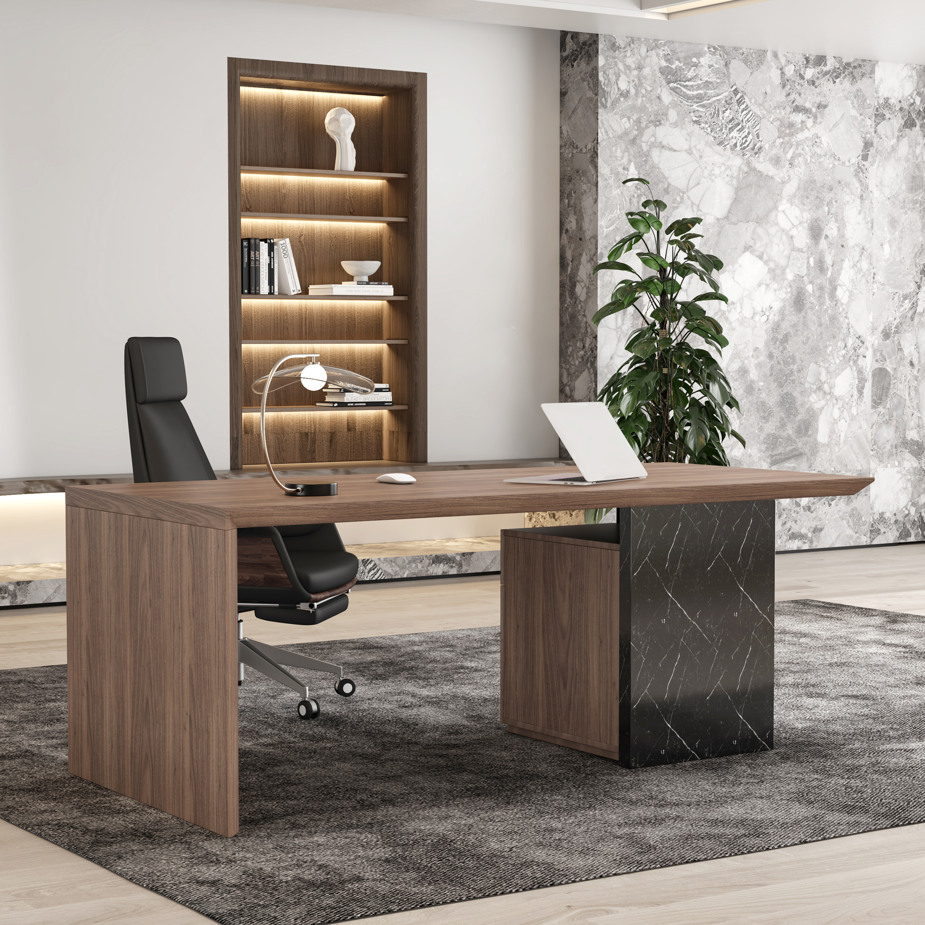 Modern Black & Walnut Wooden Home Office Desk with Movable File Cabinet Office Furniture (70.9")