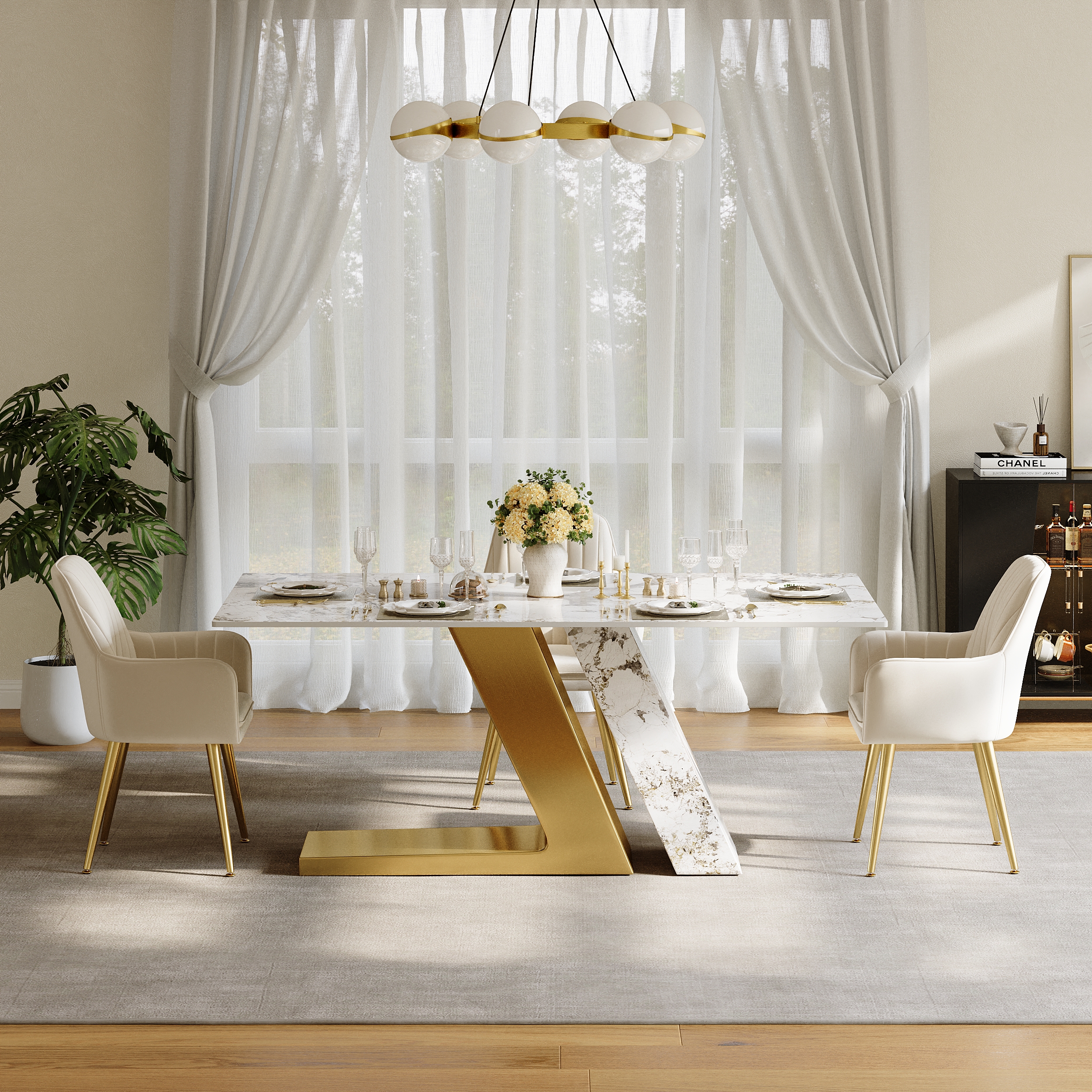 63" Rectangle Modern Sintered Stone Top Dining Table for 6 Stainless Steel Base in Gold