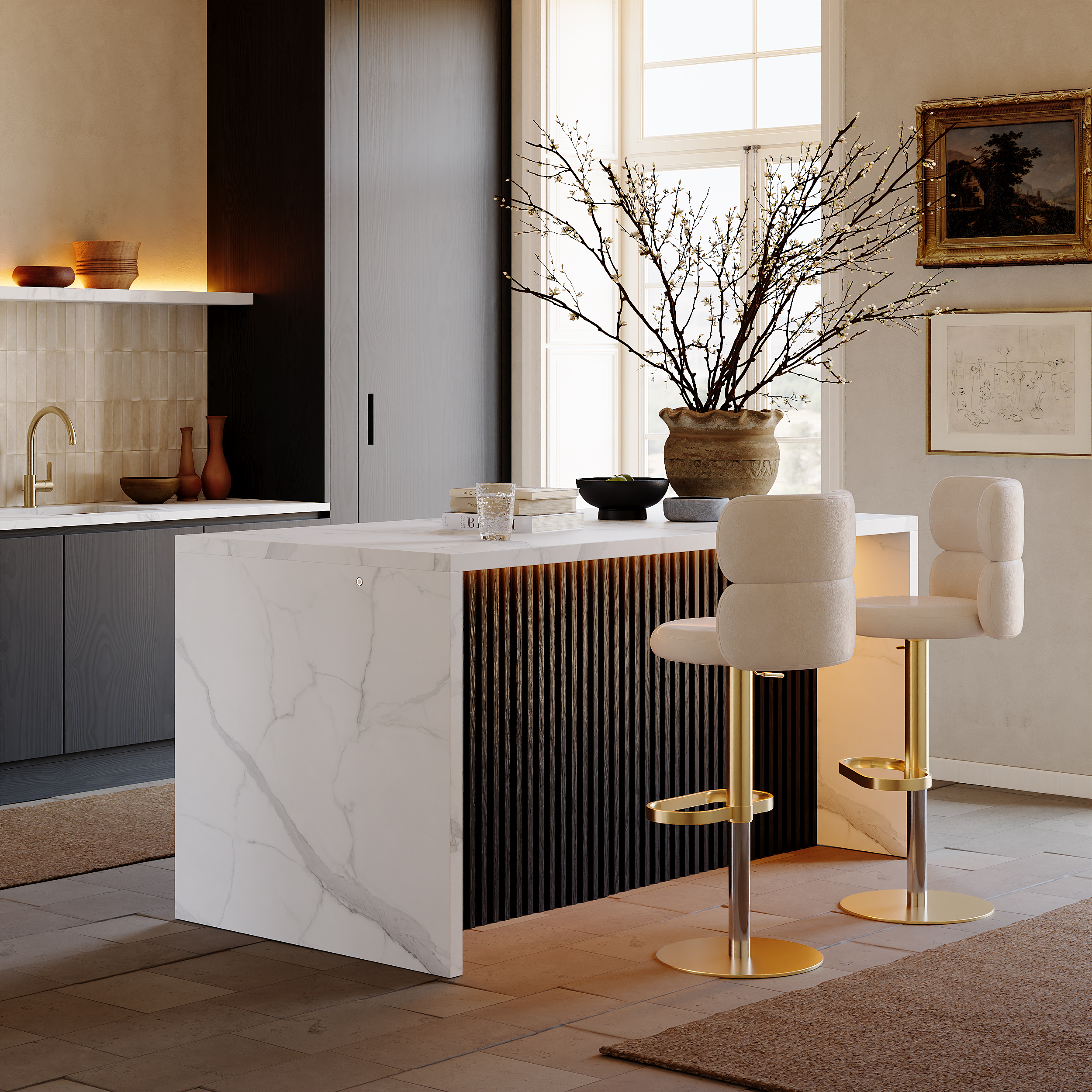 Verlicht kookeiland van 183 cm met houten lattenplaten en opbergruimte in travertijnlook