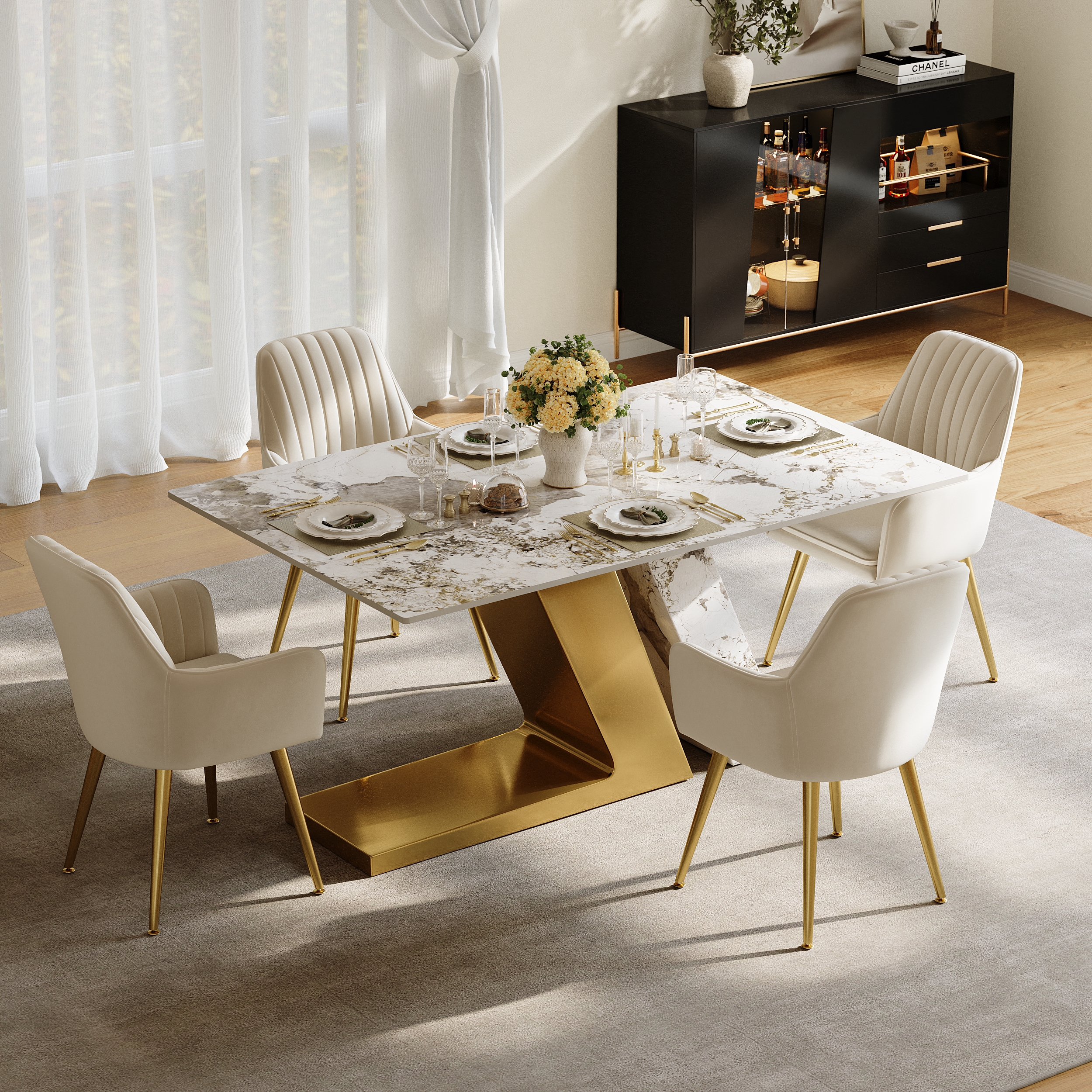 63" Rectangle Modern Sintered Stone Top Dining Table for 6 Stainless Steel Base in Gold