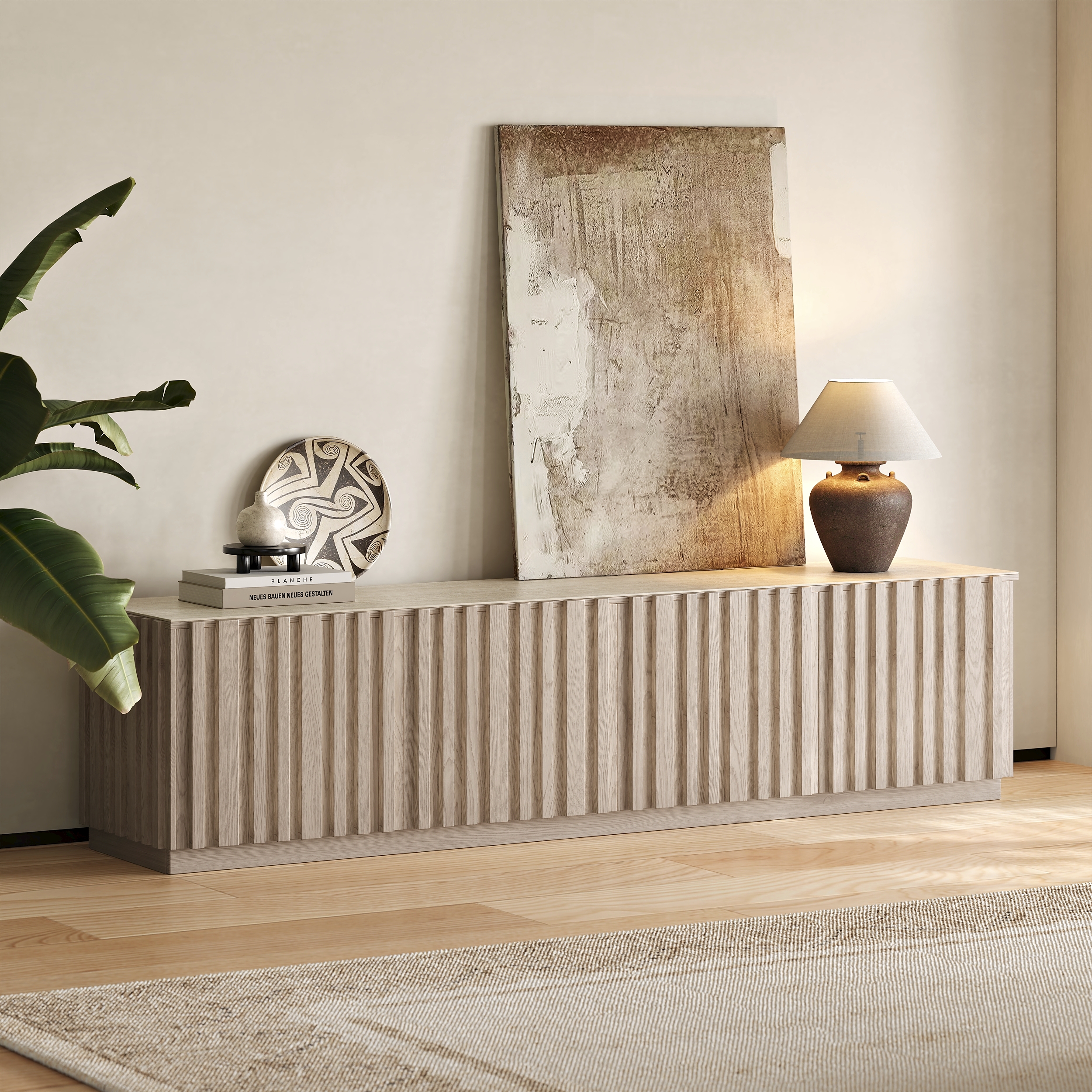 Aura 83" Mid-Century Modern Ash Wood Slatted Whitewash TV Stand with Travertine Veneer Top