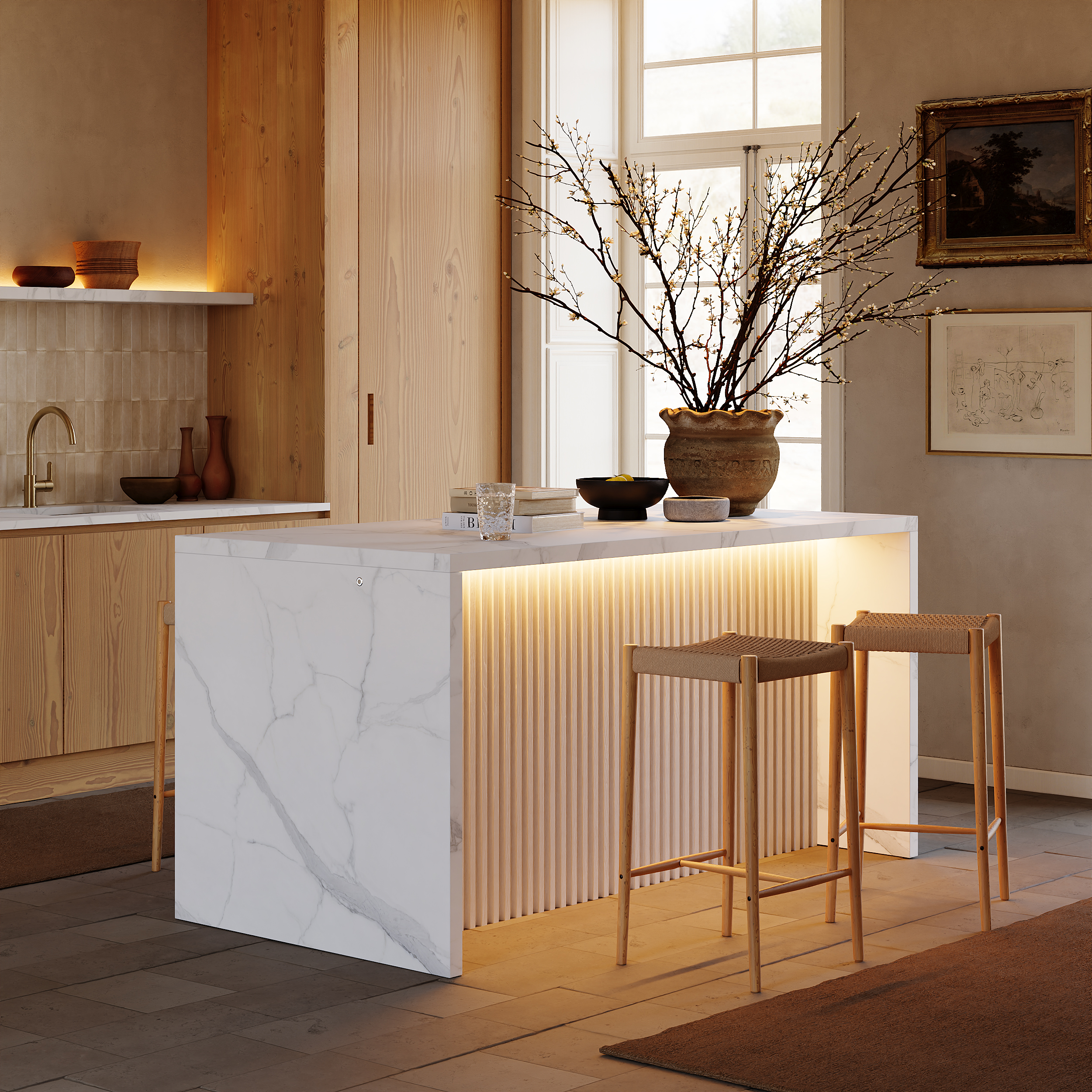 Verlicht kookeiland van 183 cm met houten lattenplaten en opbergruimte in travertijnlook